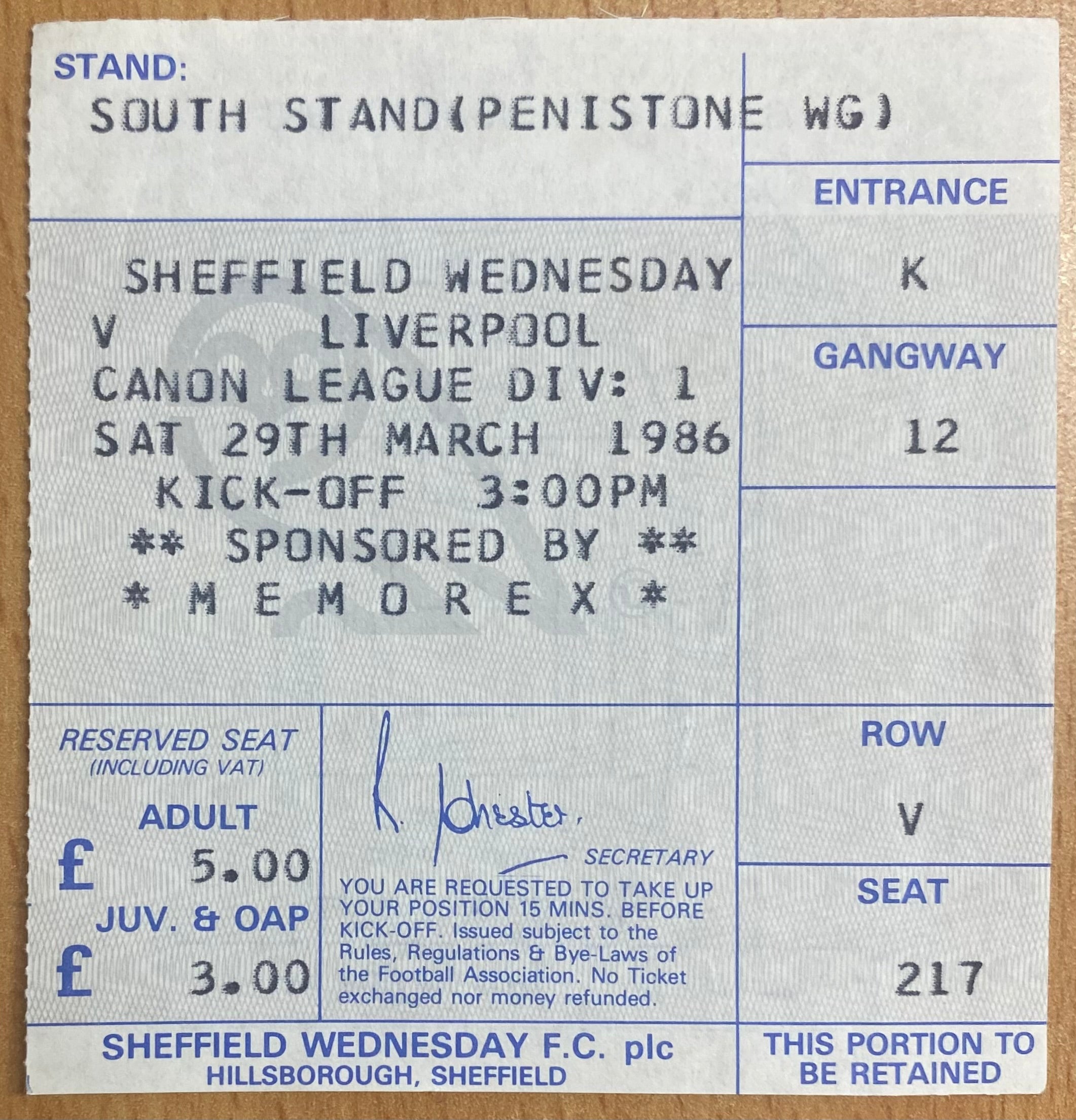 1985/86 ORIGINAL DIVISION 1 TICKET SHEFFIELD WEDNESDAY V LIVERPOOL