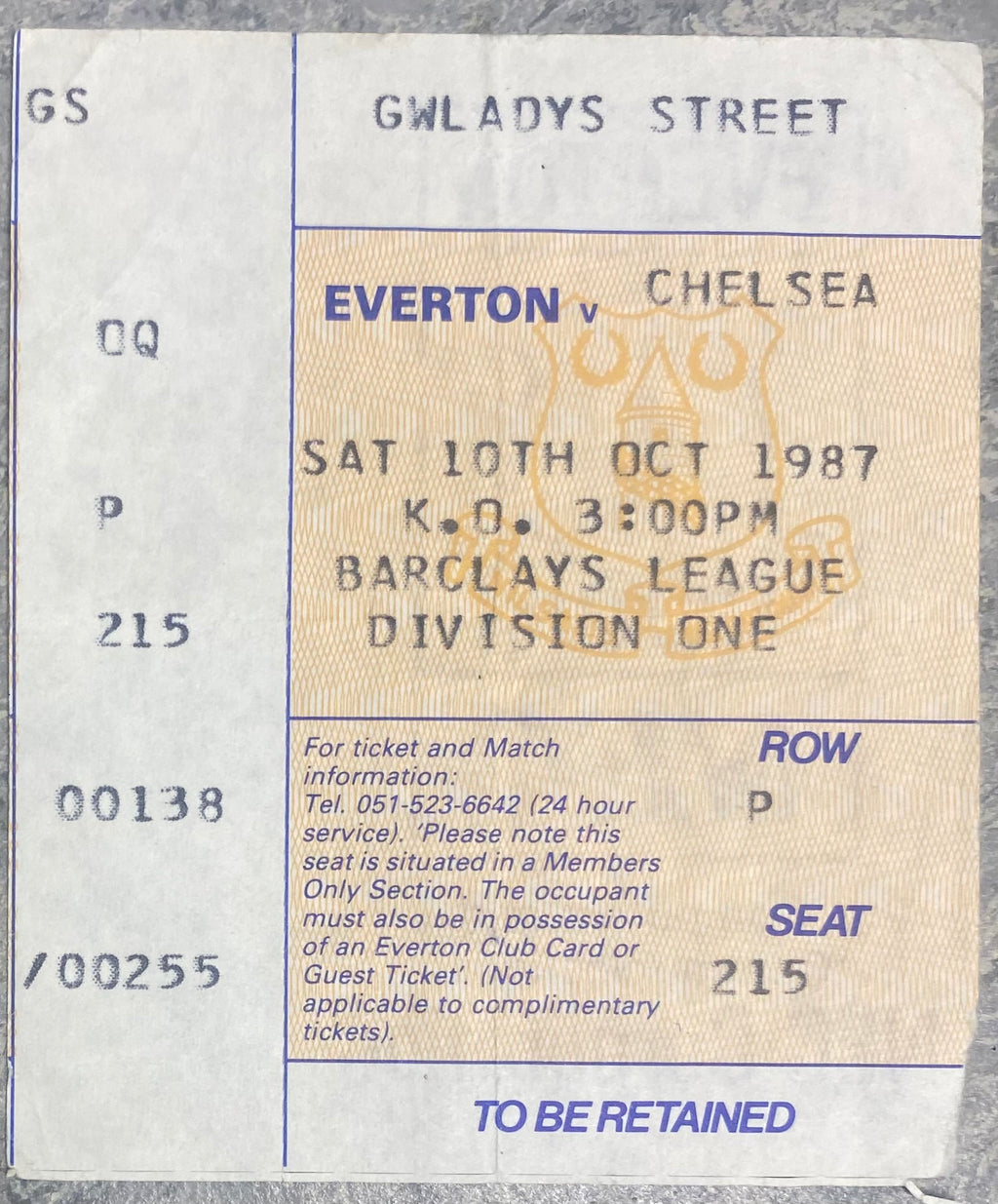 1987/88 ORIGINAL DIVISION ONE TICKET EVERTON V CHELSEA