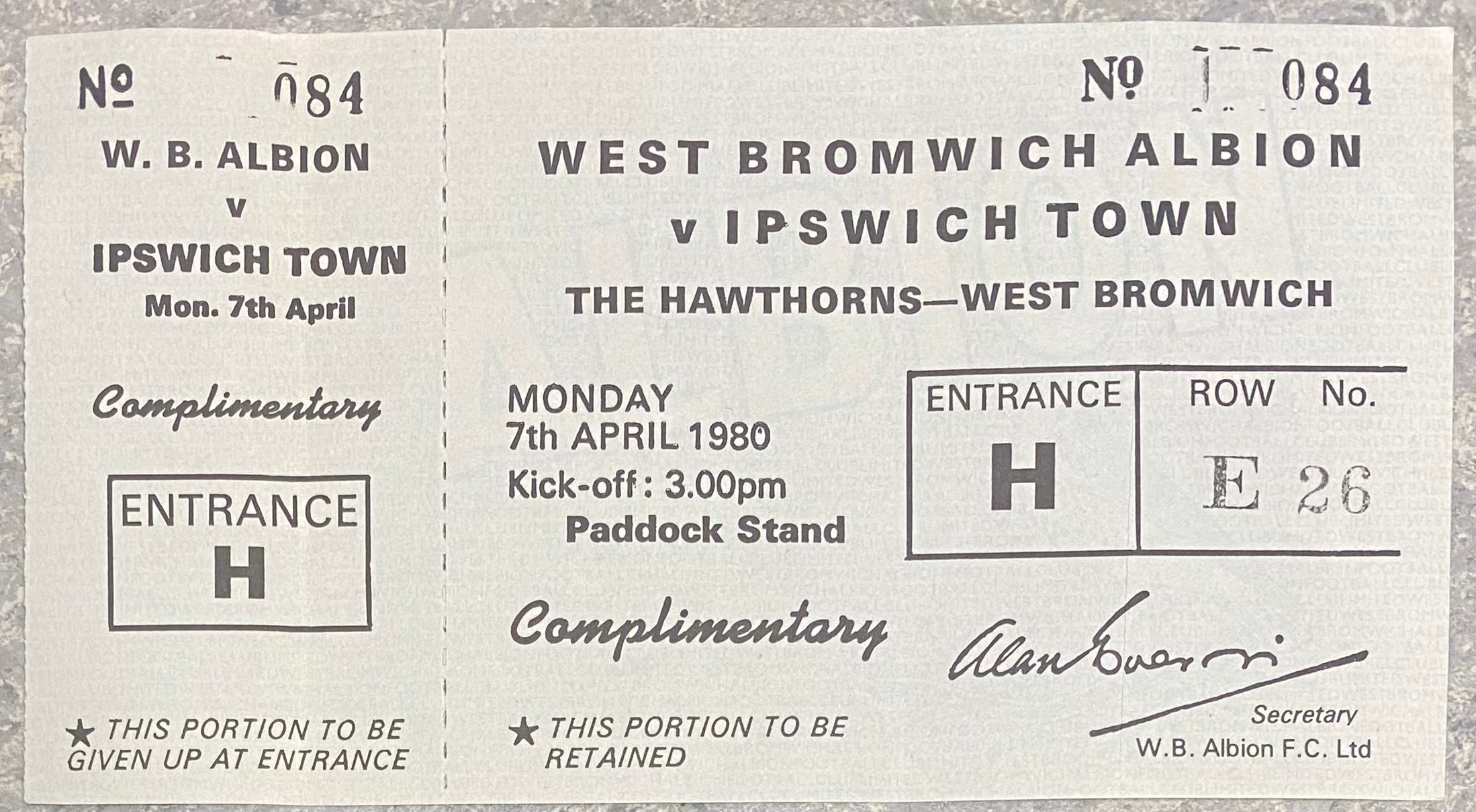1979/80 ORIGINAL DIVISION ONE UNUSED TICKET WEST BROMWICH ALBION V IPSWICH TOWN
