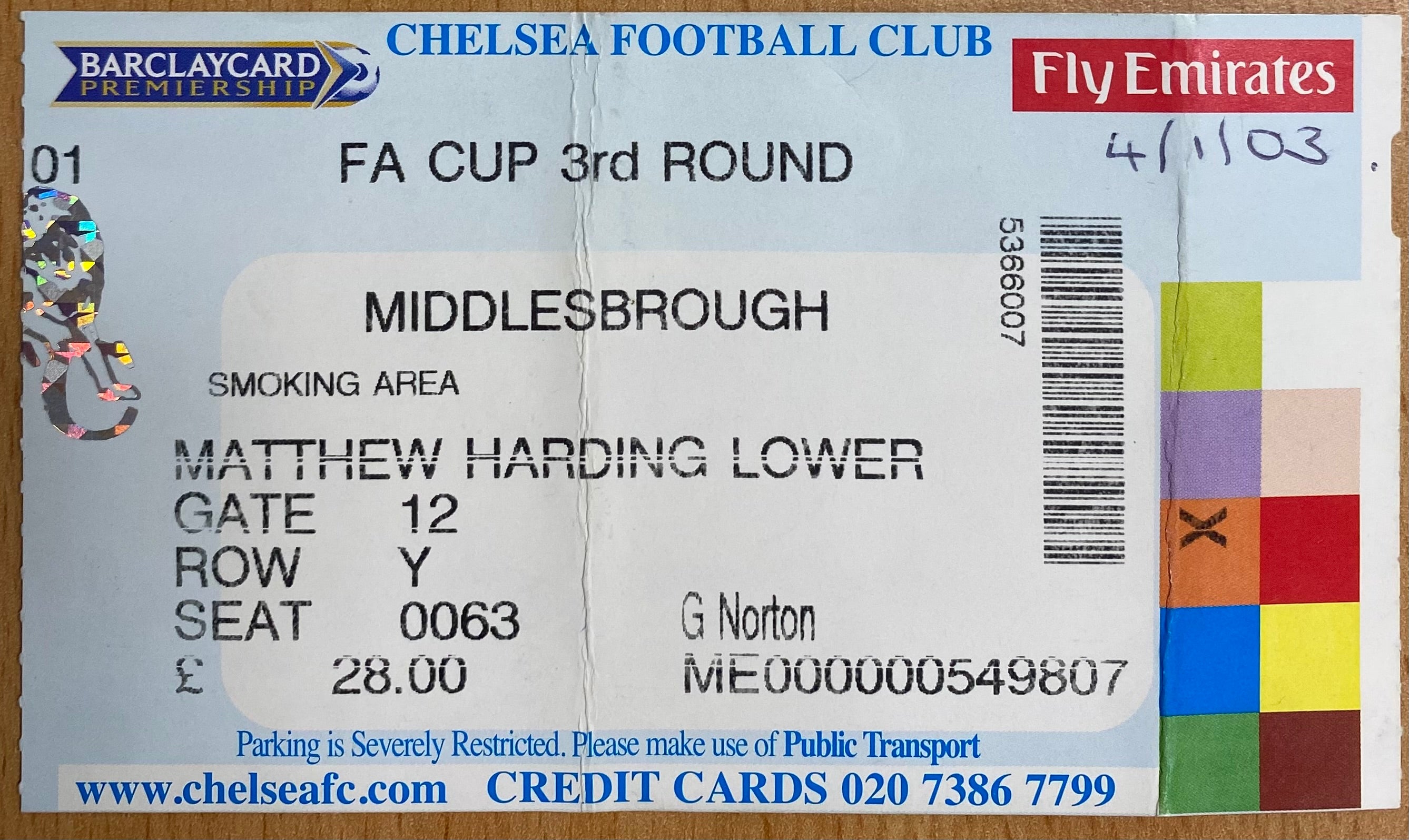 2002/03 ORIGINAL FA CUP 3RD ROUND TICKET CHELSEA V MIDDLESBROUGH
