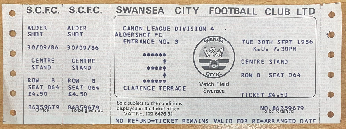 1986/87 ORIGINAL DIVISION 4 UNUSED TICKET SWANSEA CITY V ALDERSHOT