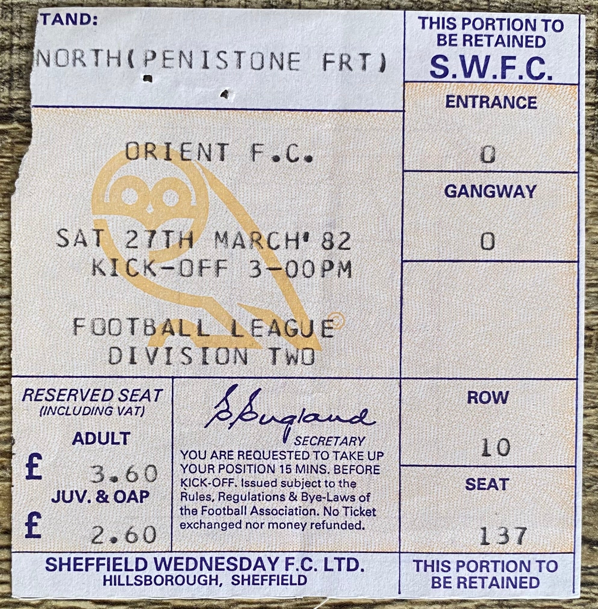 1981/82 ORIGINAL DIVISION 2 TICKET SHEFFIELD WEDNESDAY V ORIENT