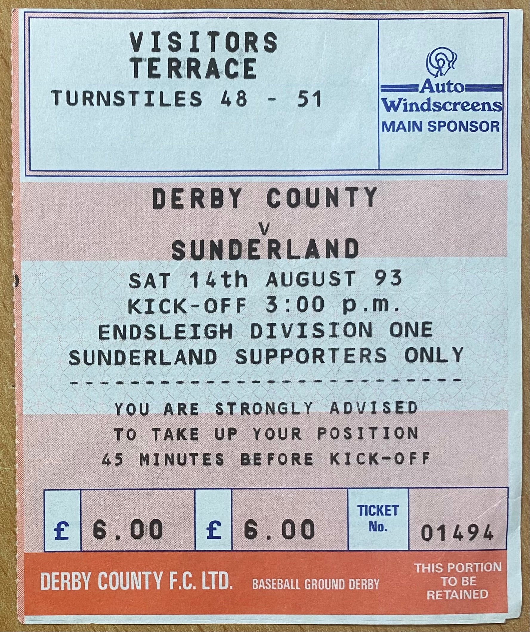 1993/94 ORIGINAL DIVISION 1 TICKET DERBY COUNTY V SUNDERLAND