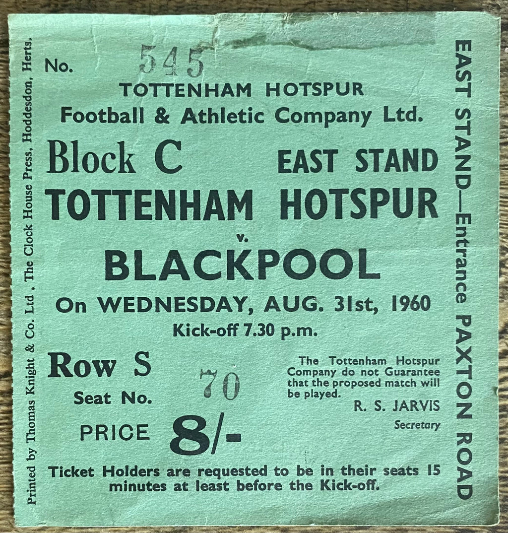 1960/61 ORIGINAL DIVISION ONE TICKET TOTTENHAM HOTSPUR V BLACKPOOL