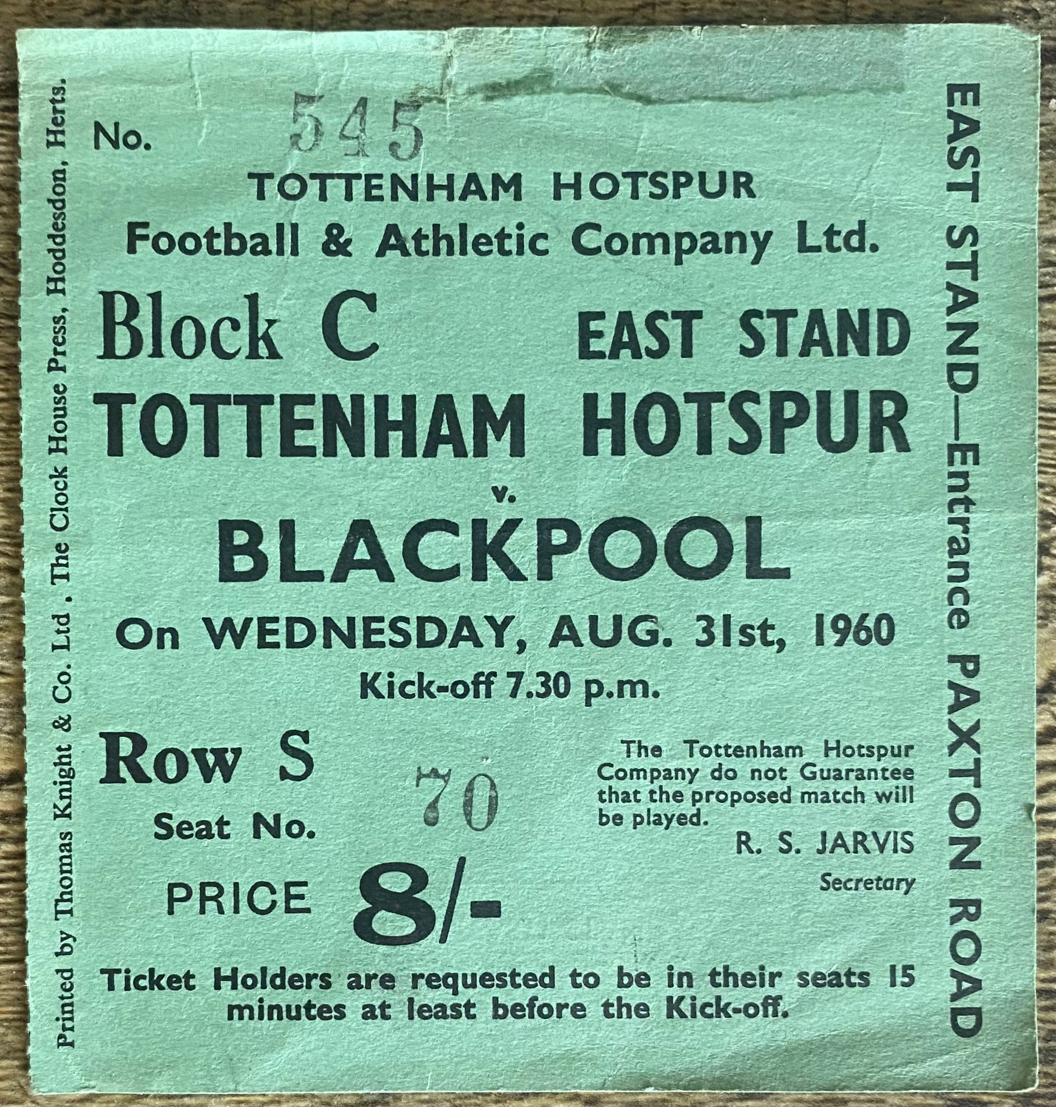 1960/61 ORIGINAL DIVISION ONE TICKET TOTTENHAM HOTSPUR V BLACKPOOL