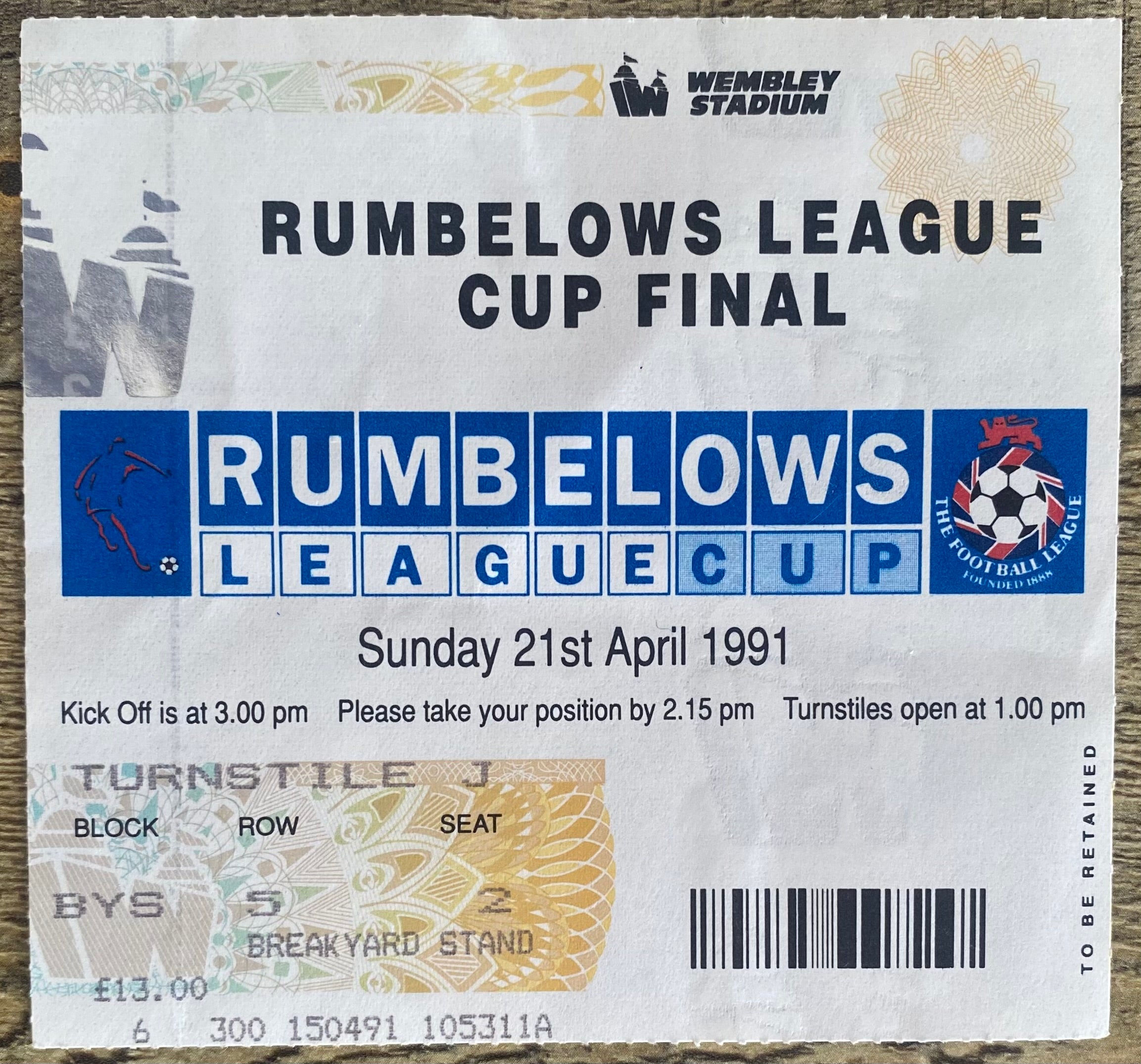1991 ORIGINAL RUMBELOWS CUP FINAL TICKET MANCHESTER UNITED V SHEFFIELD WEDNESDAY