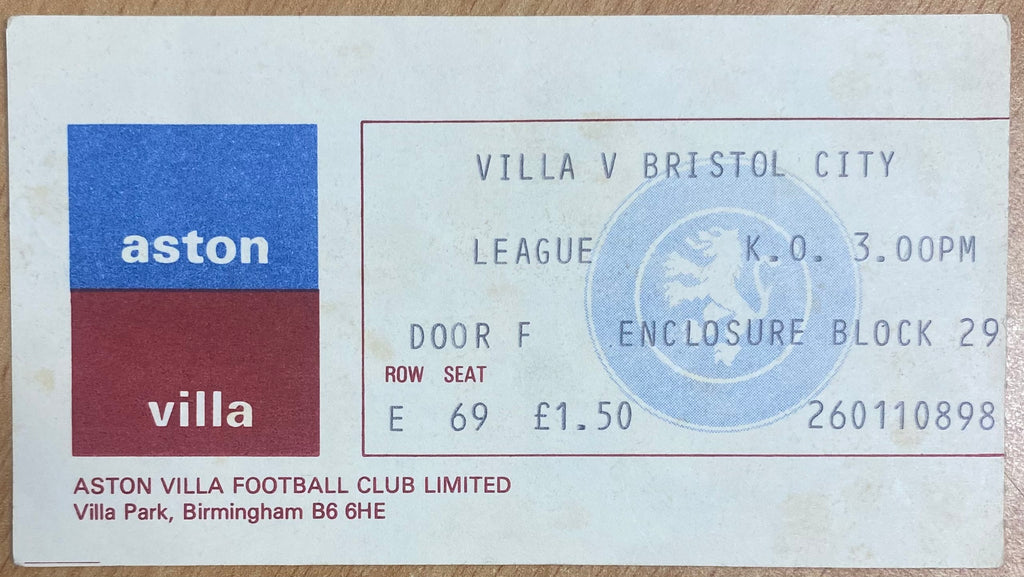 1977/78 ORIGINAL DIVISION 1 TICKET ASTON VILLA V BRISTOL CITY