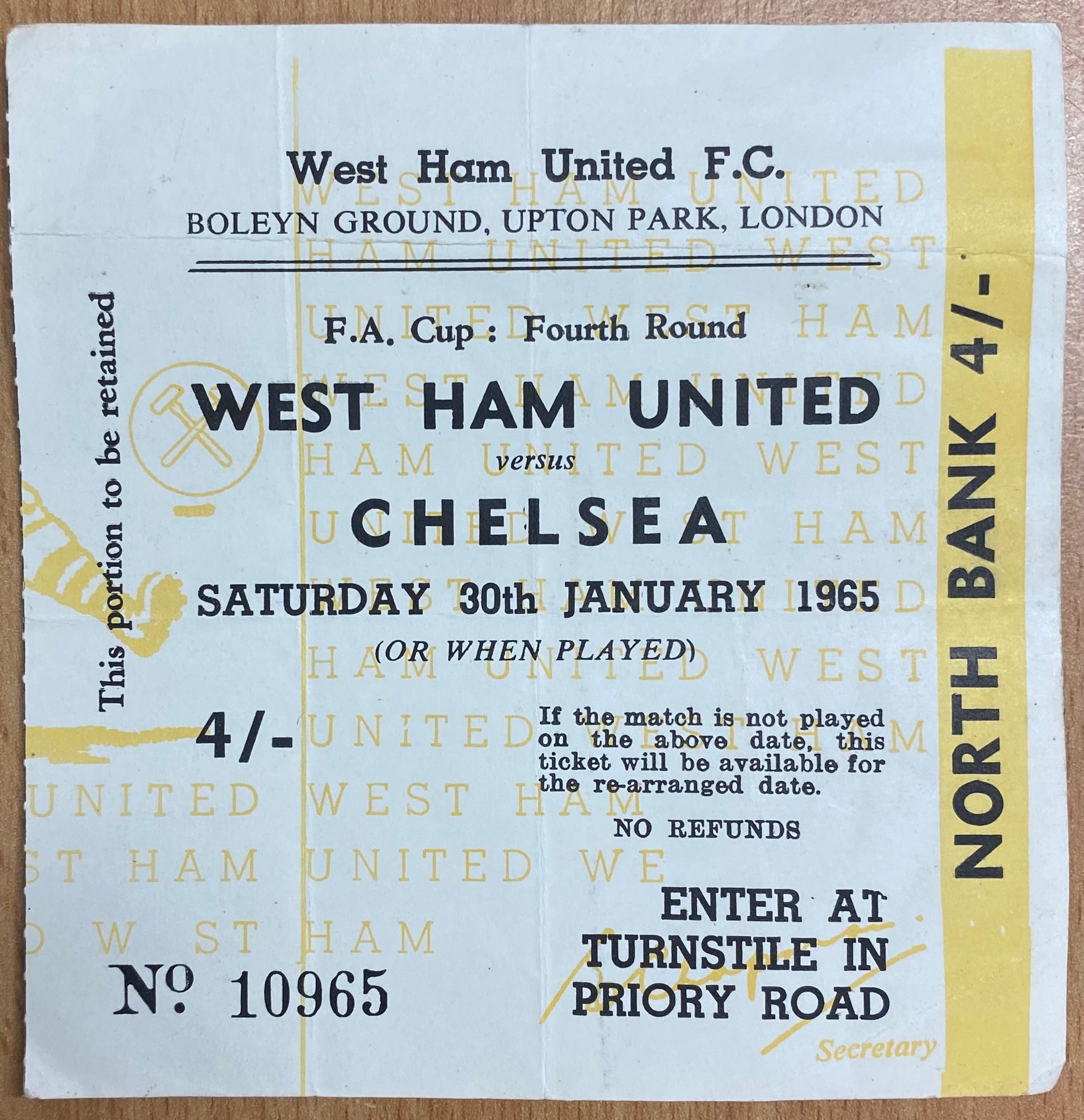 1964/65 ORIGINAL FA CUP 4TH ROUND TICKET WEST HAM UNITED V CHELSEA