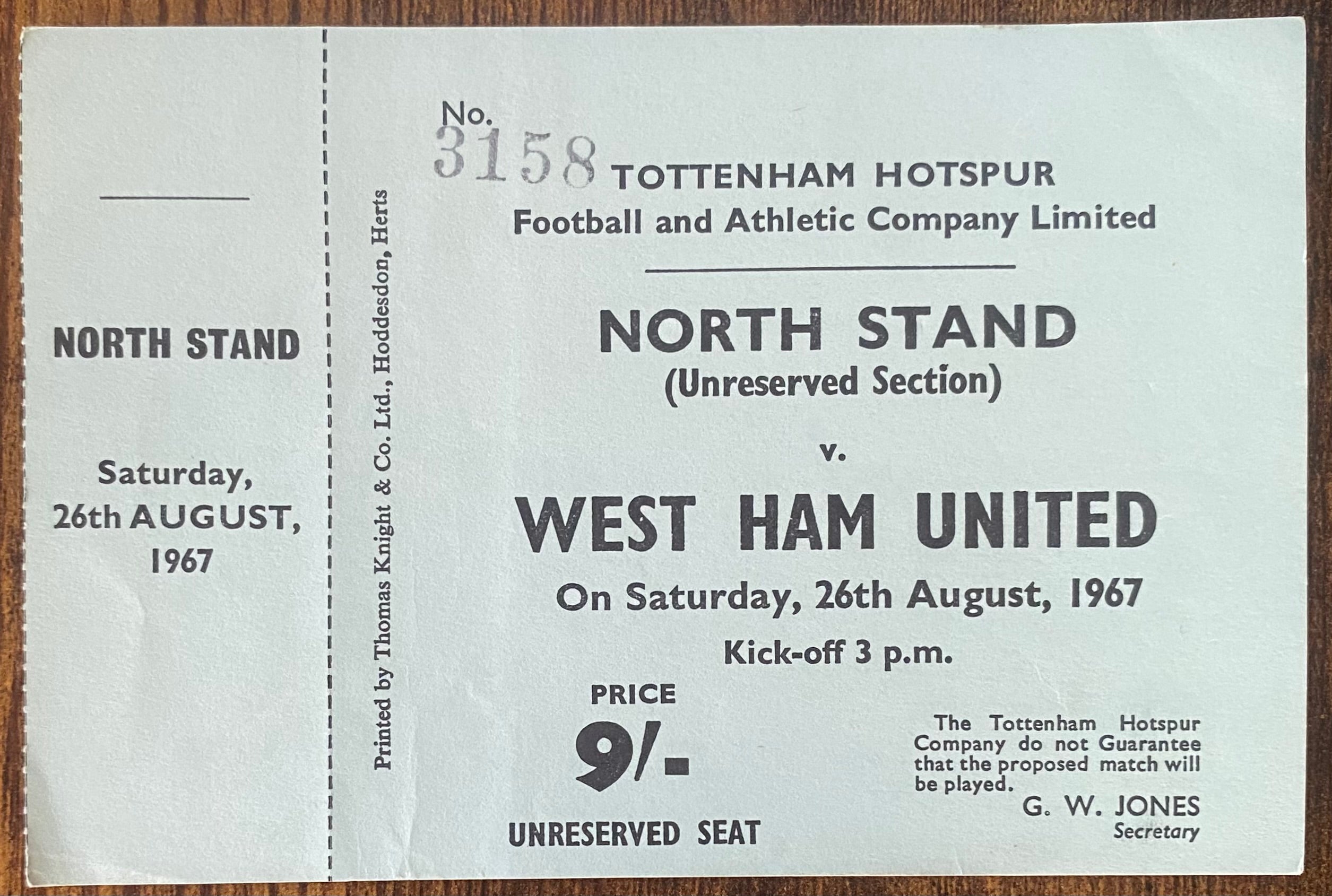 1967/68 ORIGINAL DIVISION ONE UNUSED TICKET TOTTENHAM HOTSPUR V WEST HAM UNITED