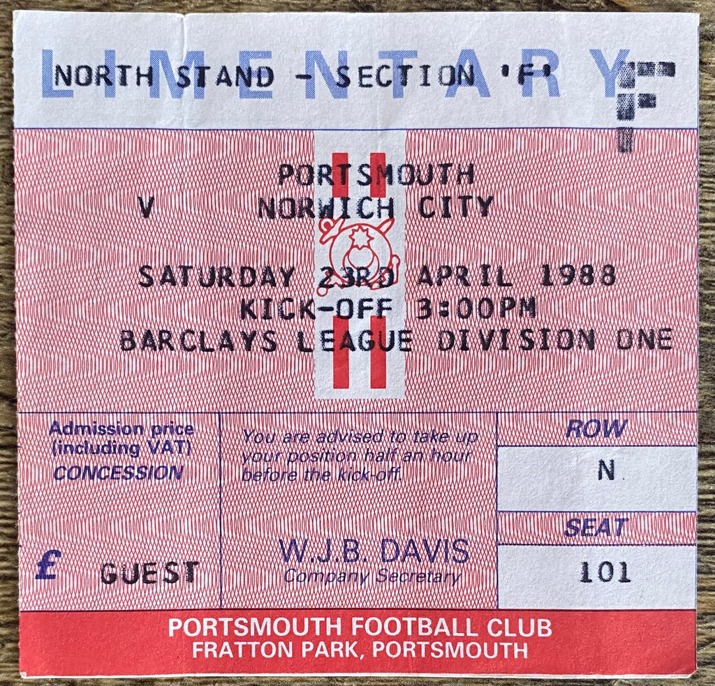 1987/88 ORIGINAL DIVISION 1 TICKET PORTSMOUTH V NORWICH CITY