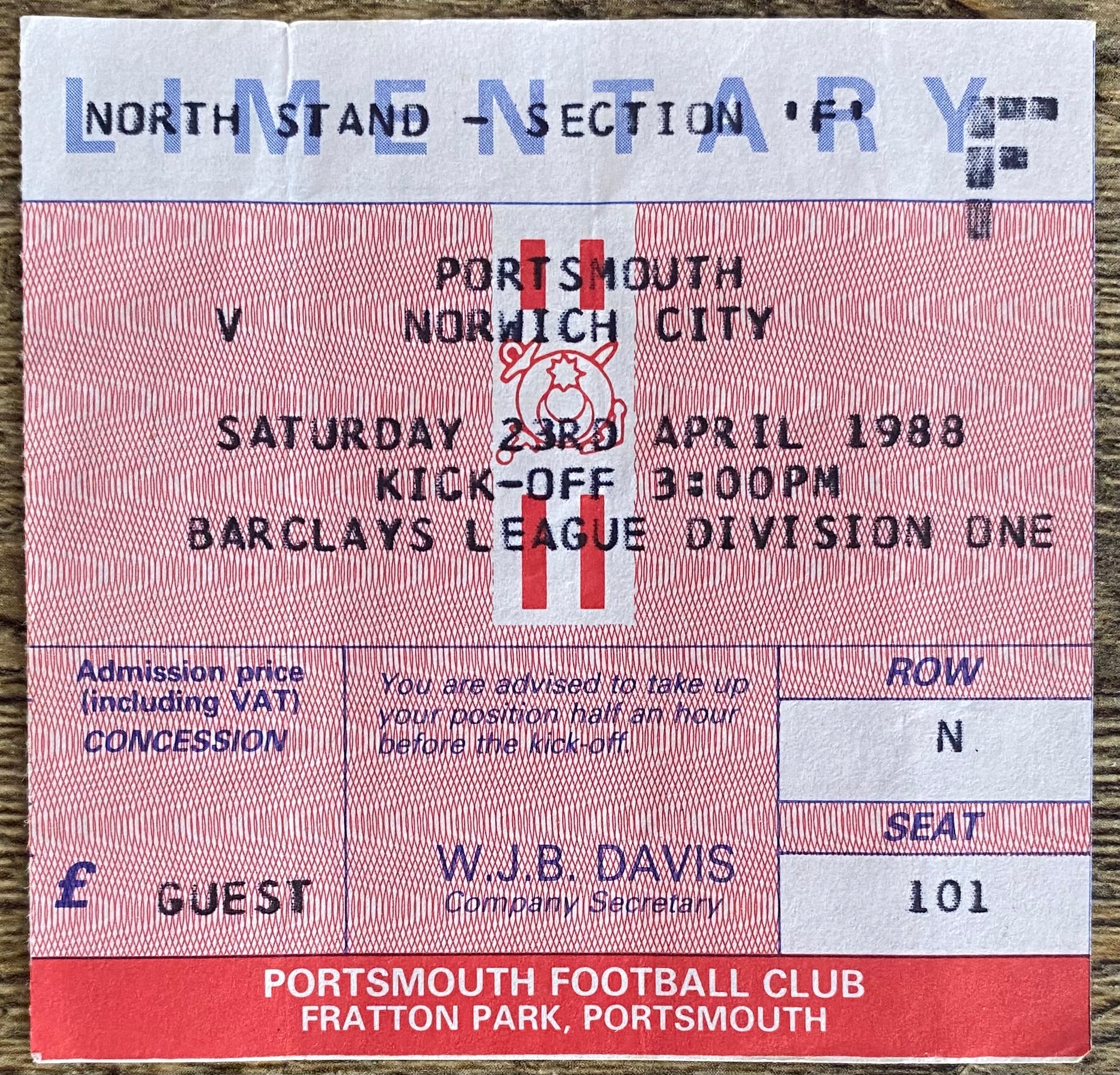 1987/88 ORIGINAL DIVISION 1 TICKET PORTSMOUTH V NORWICH CITY