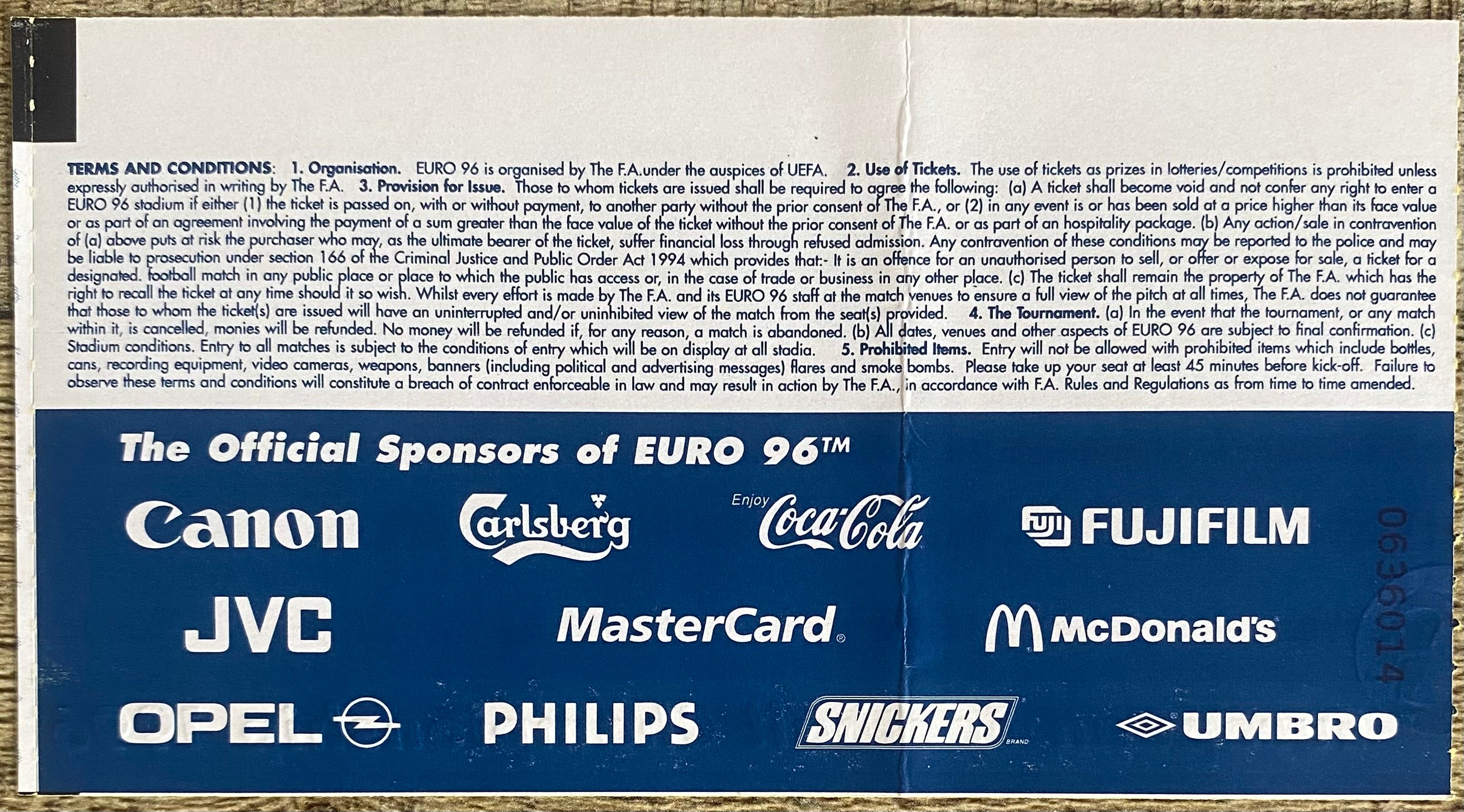 1996 ORIGINAL EUROPEAN CHAMPIONSHIPS EURO 96 QUARTER FINAL TICKET ENGLAND V SPAIN @ WEMBLEY