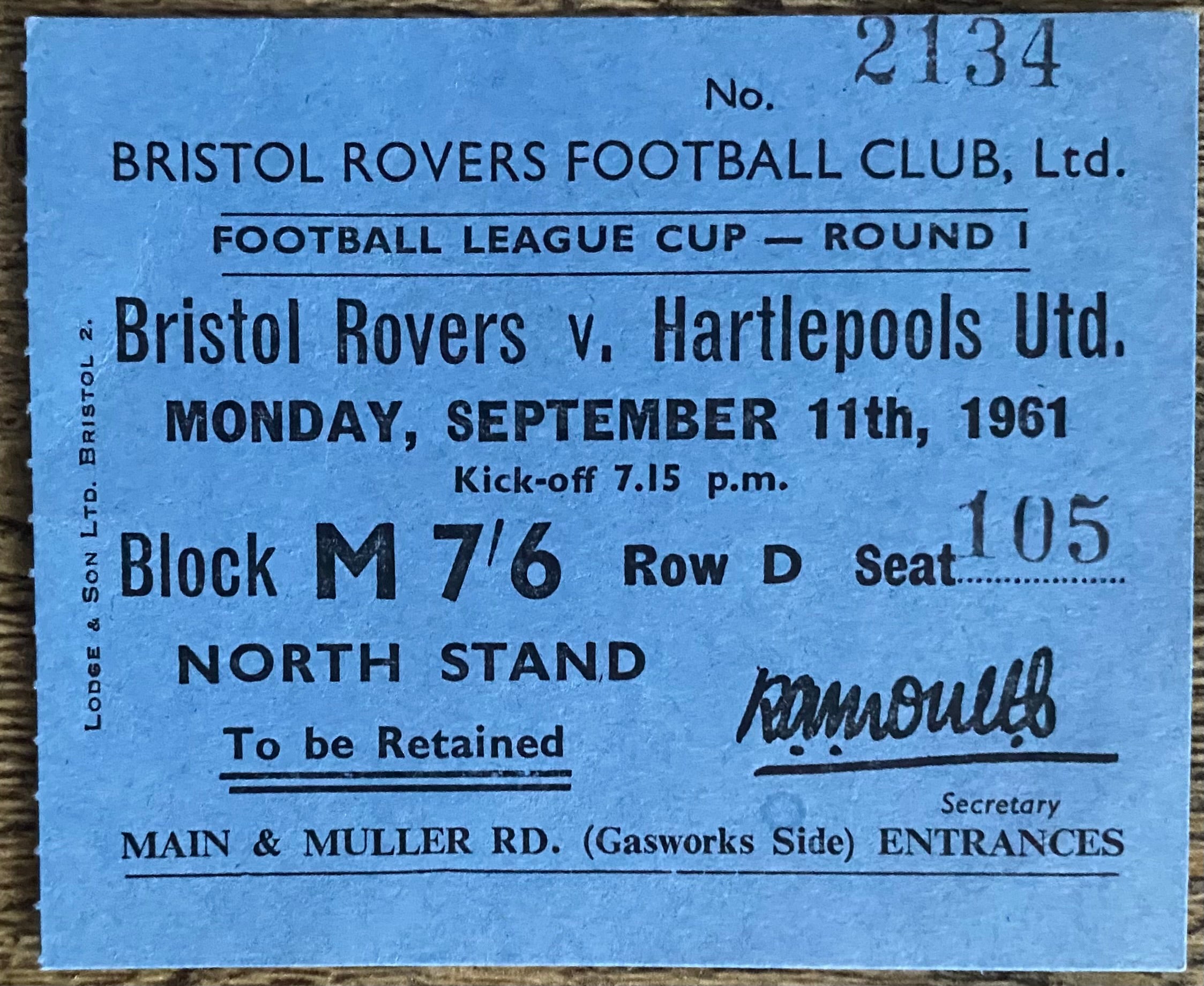 1961/62 ORIGINAL LEAGUE CUP 1ST ROUND TICKET BRISTOL ROVERS V HARTLEPOOLS UNITED