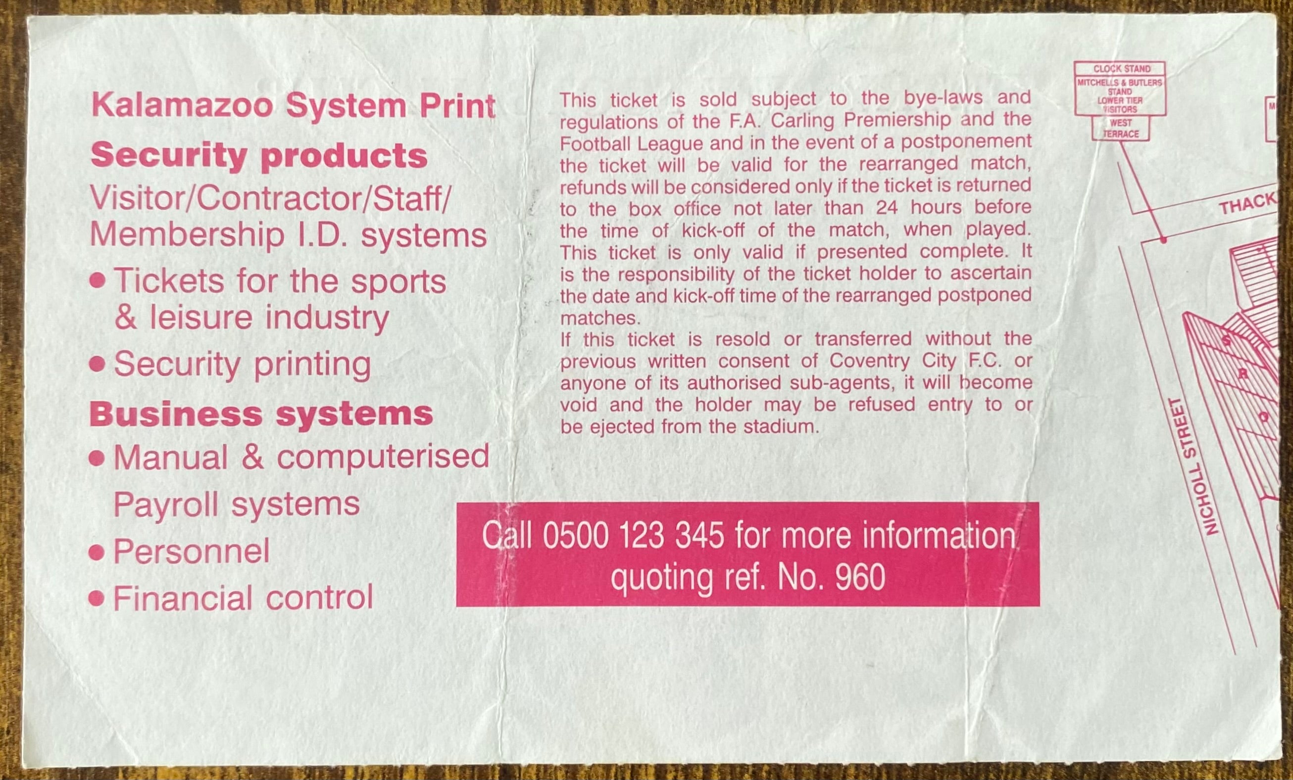 1995/96 ORIGINAL FA PREMIERSHIP TICKET COVENTRY CITY V NEWCASTLE UNITED