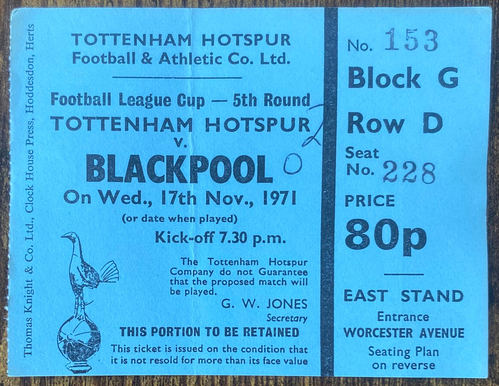 1971/72 ORIGINAL LEAGUE CUP 5TH ROUND TICKET TOTTENHAM HOTSPUR V BLACKPOOL