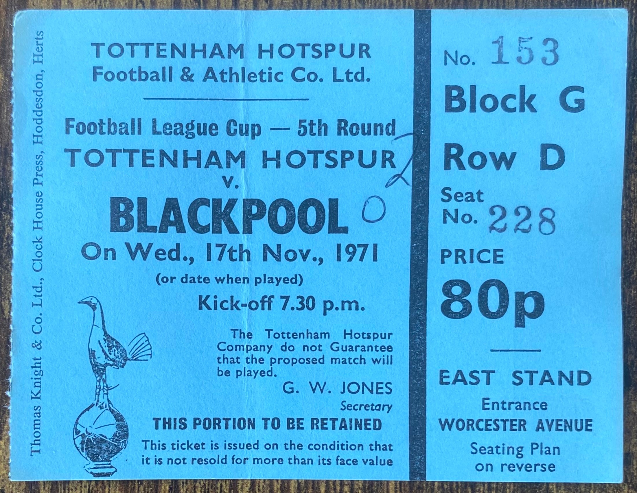 1971/72 ORIGINAL LEAGUE CUP 5TH ROUND TICKET TOTTENHAM HOTSPUR V BLACKPOOL