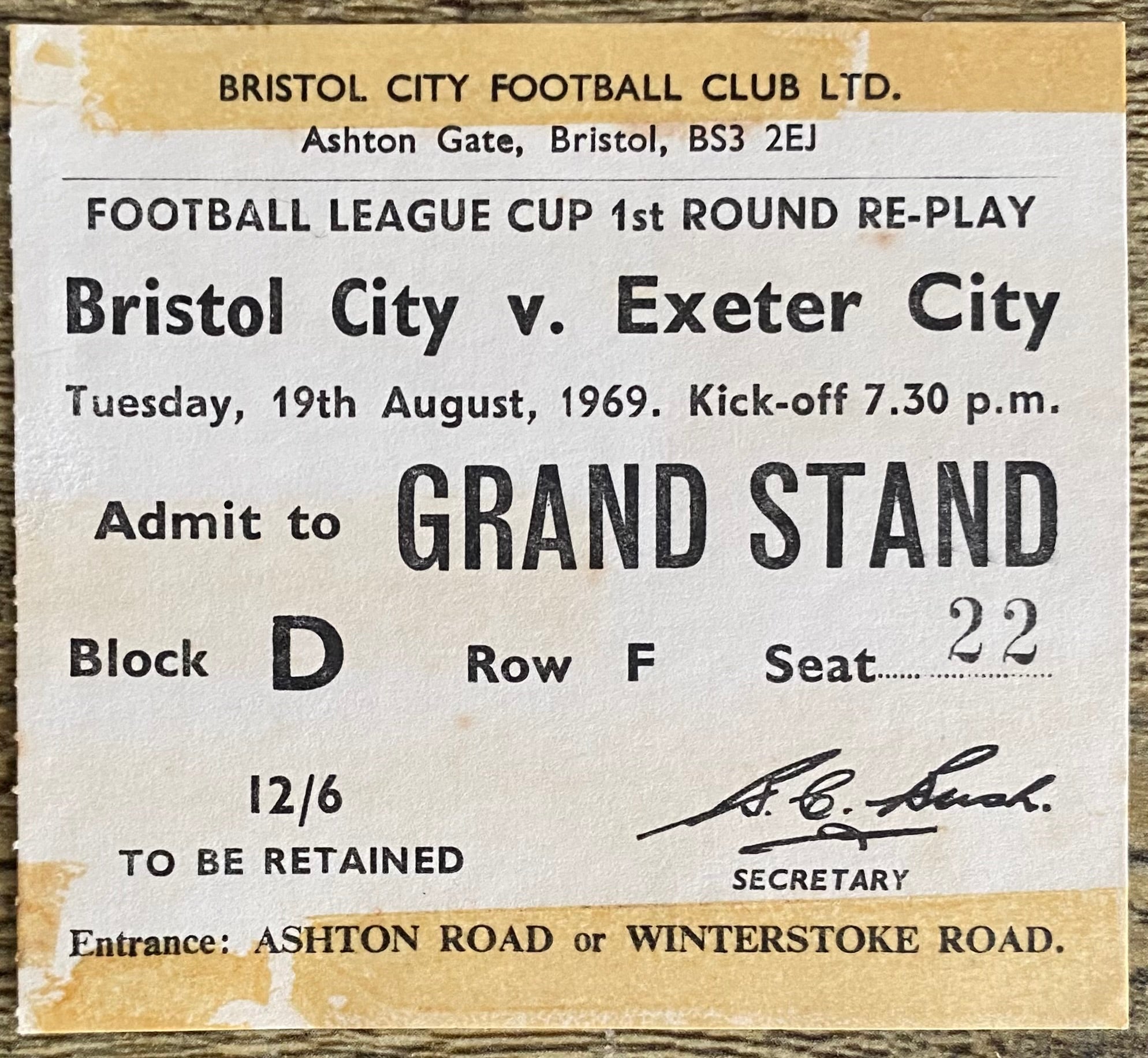 1969/70 ORIGINAL LEAGUE CUP 1ST ROUND REPLAY TICKET BRISTOL CITY V EXETER CITY