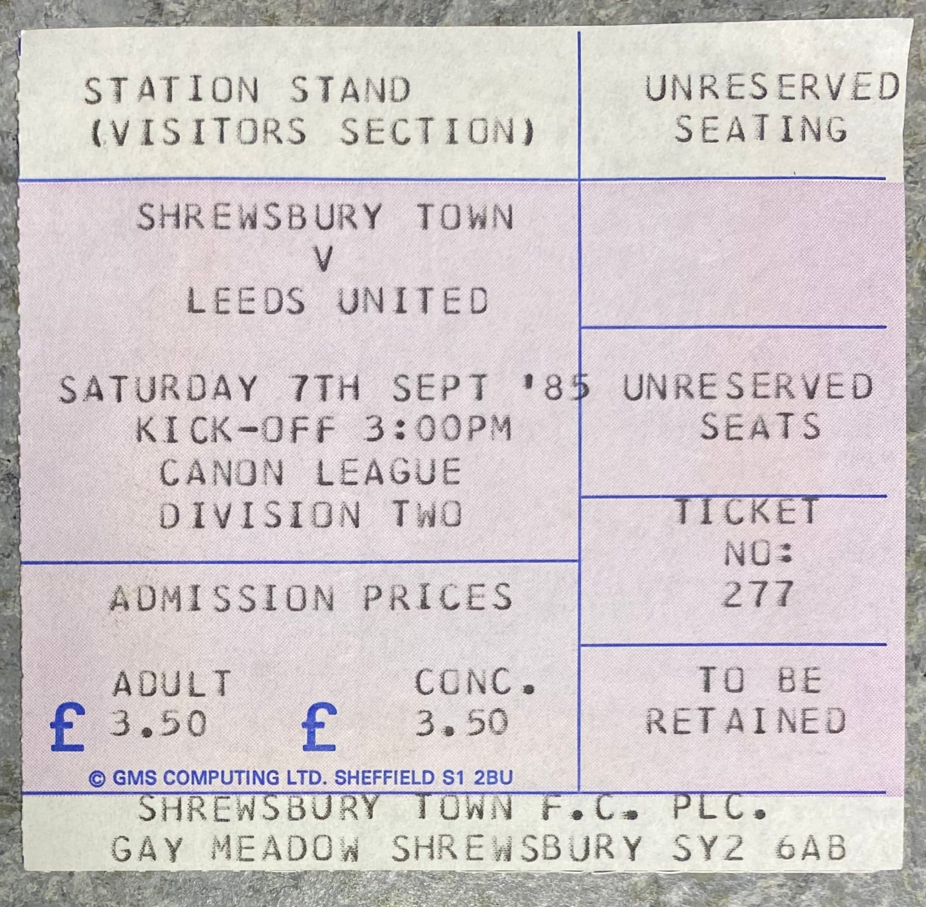 1985/86 ORIGINAL DIVISION TWO TICKET SHREWSBURY TOWN V LEEDS UNITED