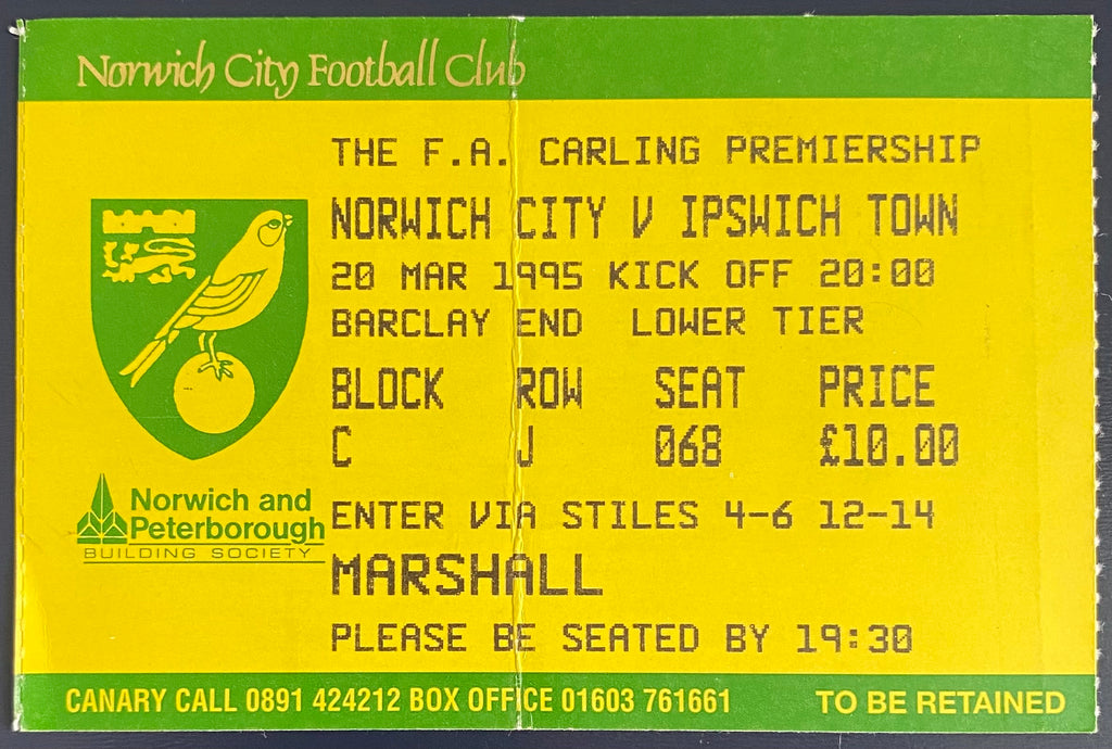 1994/95 ORIGINAL FA PREMIERSHIP TICKET NORWICH CITY V IPSWICH TOWN