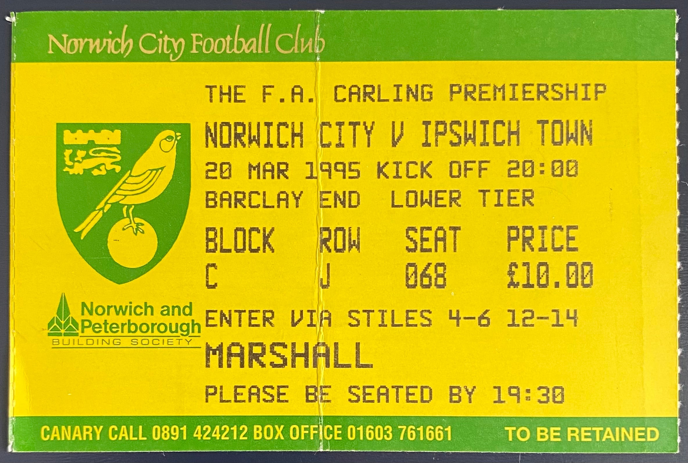 1994/95 ORIGINAL FA PREMIERSHIP TICKET NORWICH CITY V IPSWICH TOWN