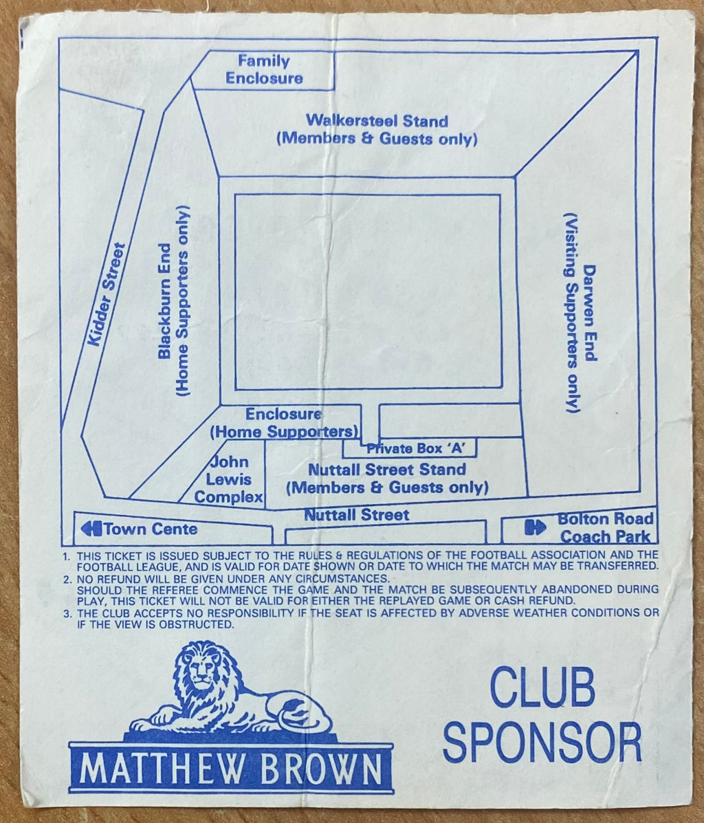 1991/92 ORIGINAL DIVISION 2 TICKET BLACKBURN ROVERS V SWINDON TOWN