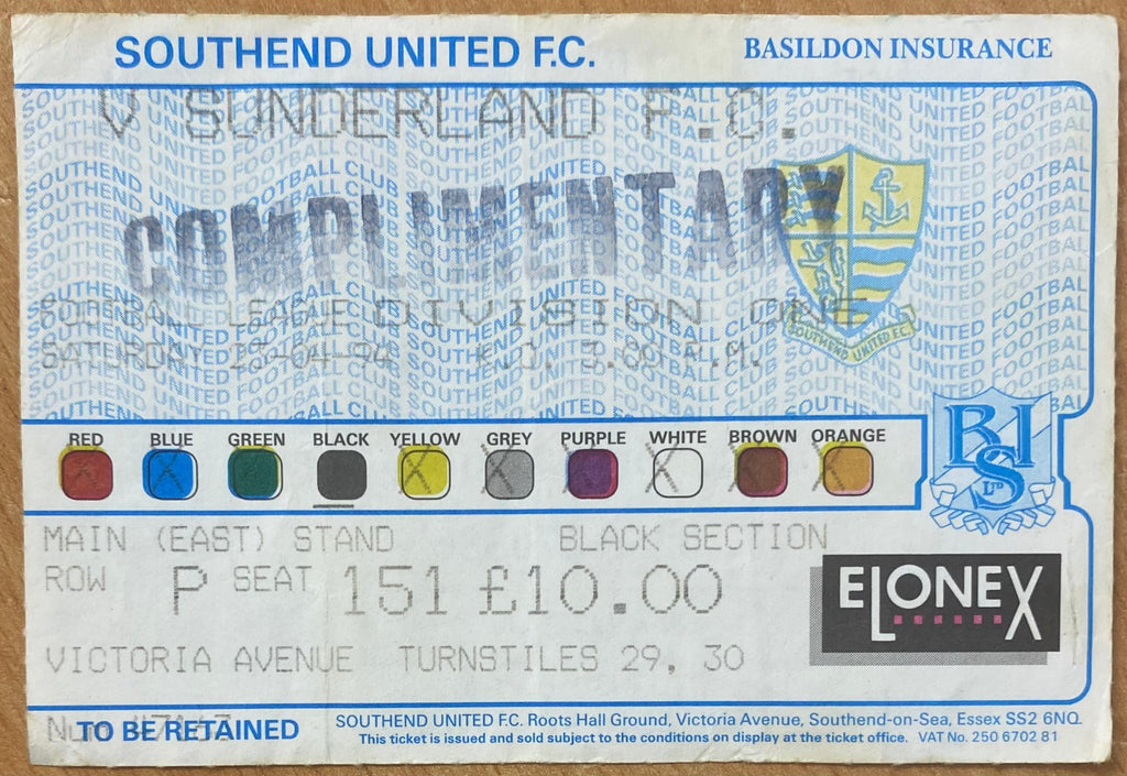 1993/94 ORIGINAL DIVISION 1 TICKET SOUTHEND UNITED V SUNDERLAND