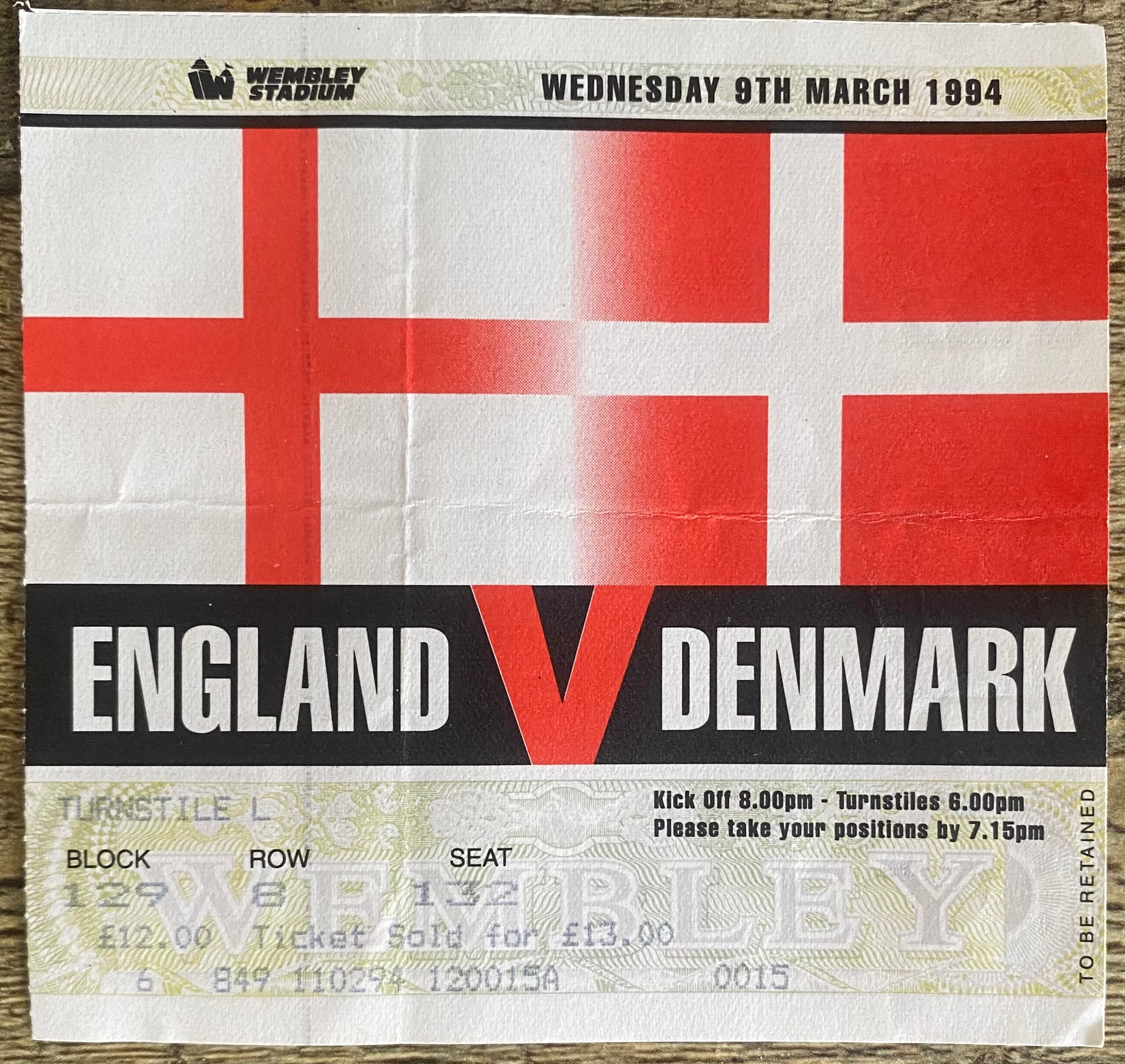 1994 ORIGINAL INTERNATIONAL TICKET ENGLAND V DENMARK