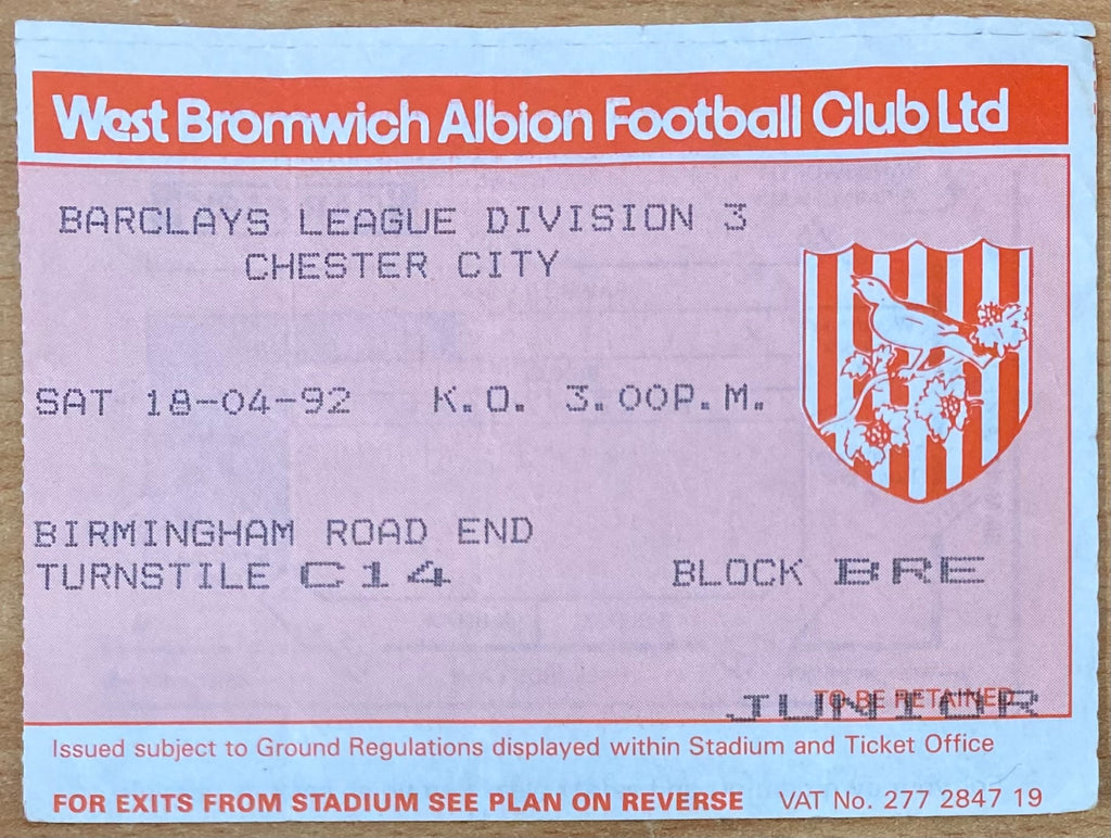 1991/92 ORIGINAL DIVISION 3 TICKET WEST BROMWICH ALBION V CHESTER CITY