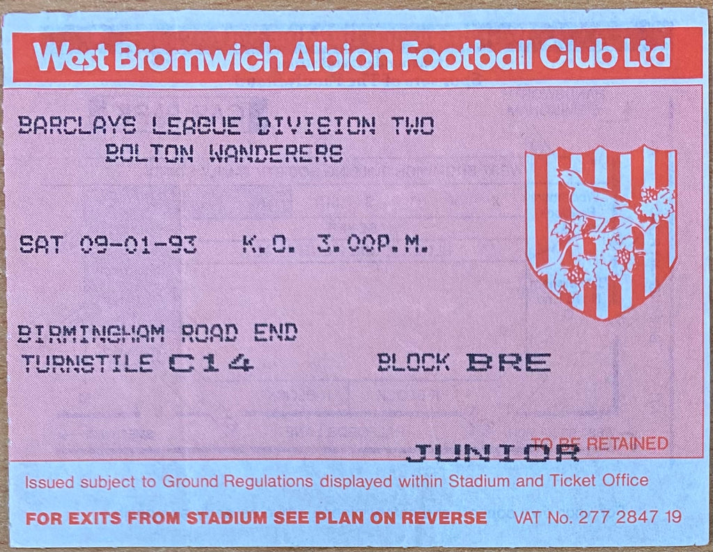 1992/93 ORIGINAL DIVISION 2 TICKET WEST BROMWICH ALBION V BOLTON WANDERERS