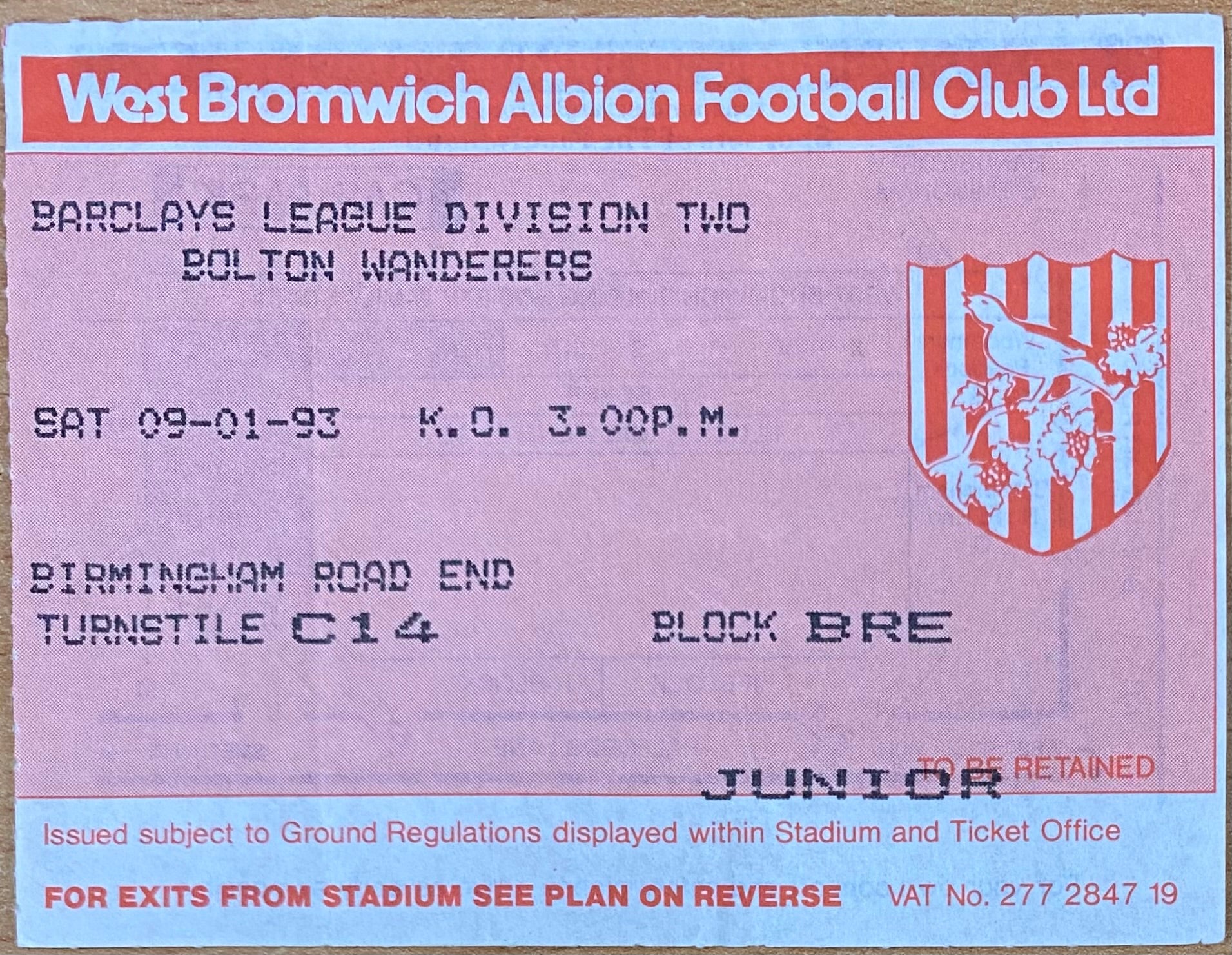 1992/93 ORIGINAL DIVISION 2 TICKET WEST BROMWICH ALBION V BOLTON WANDERERS