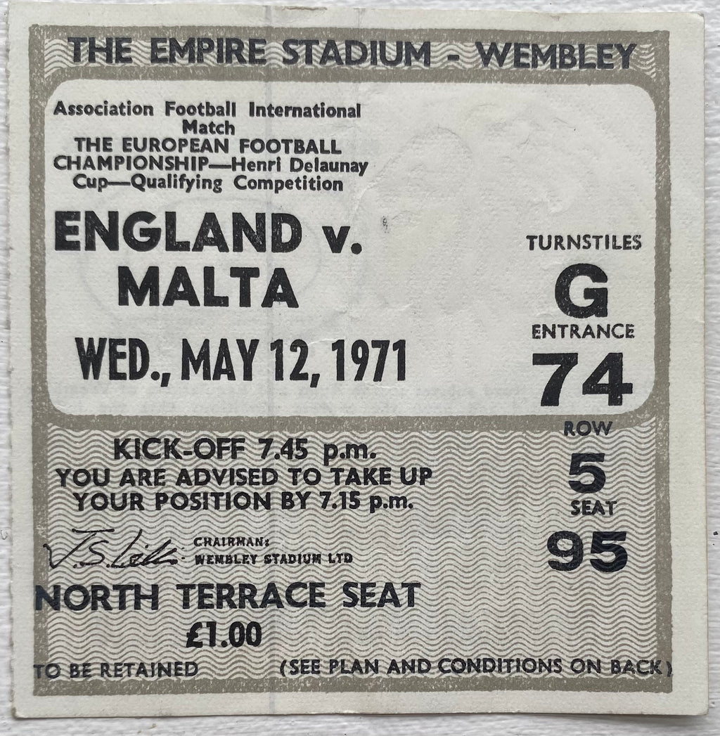 1971 ORIGINAL EUROPEAN CHAMPIONSHIPS QUALIFYING TICKET ENGLAND V MALTA