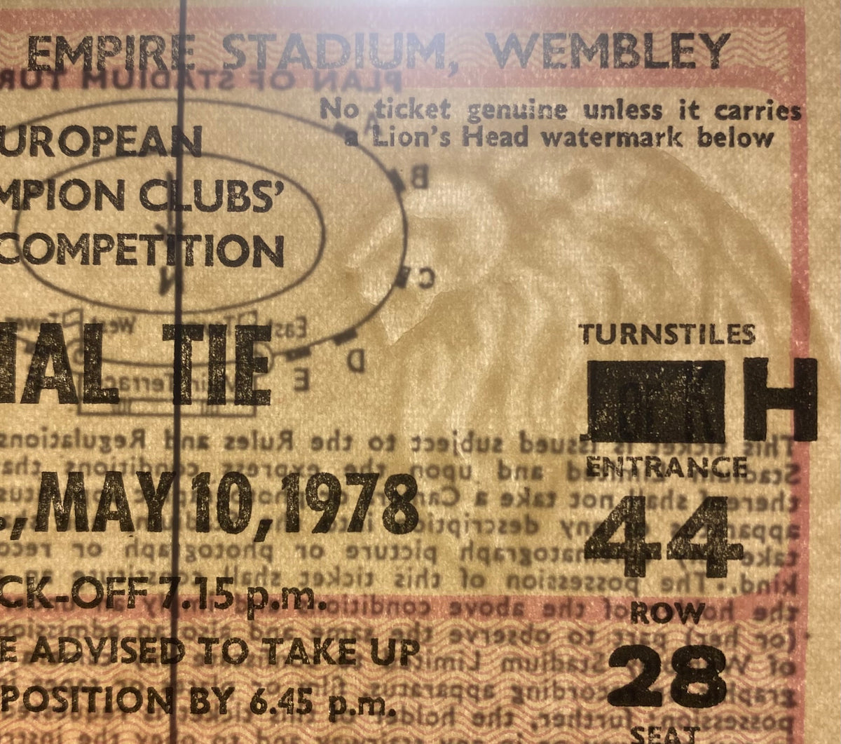 1978 ORIGINAL EUROPEAN CUP FINAL TICKET LIVERPOOL V FC BRUGES @ WEMBLEY