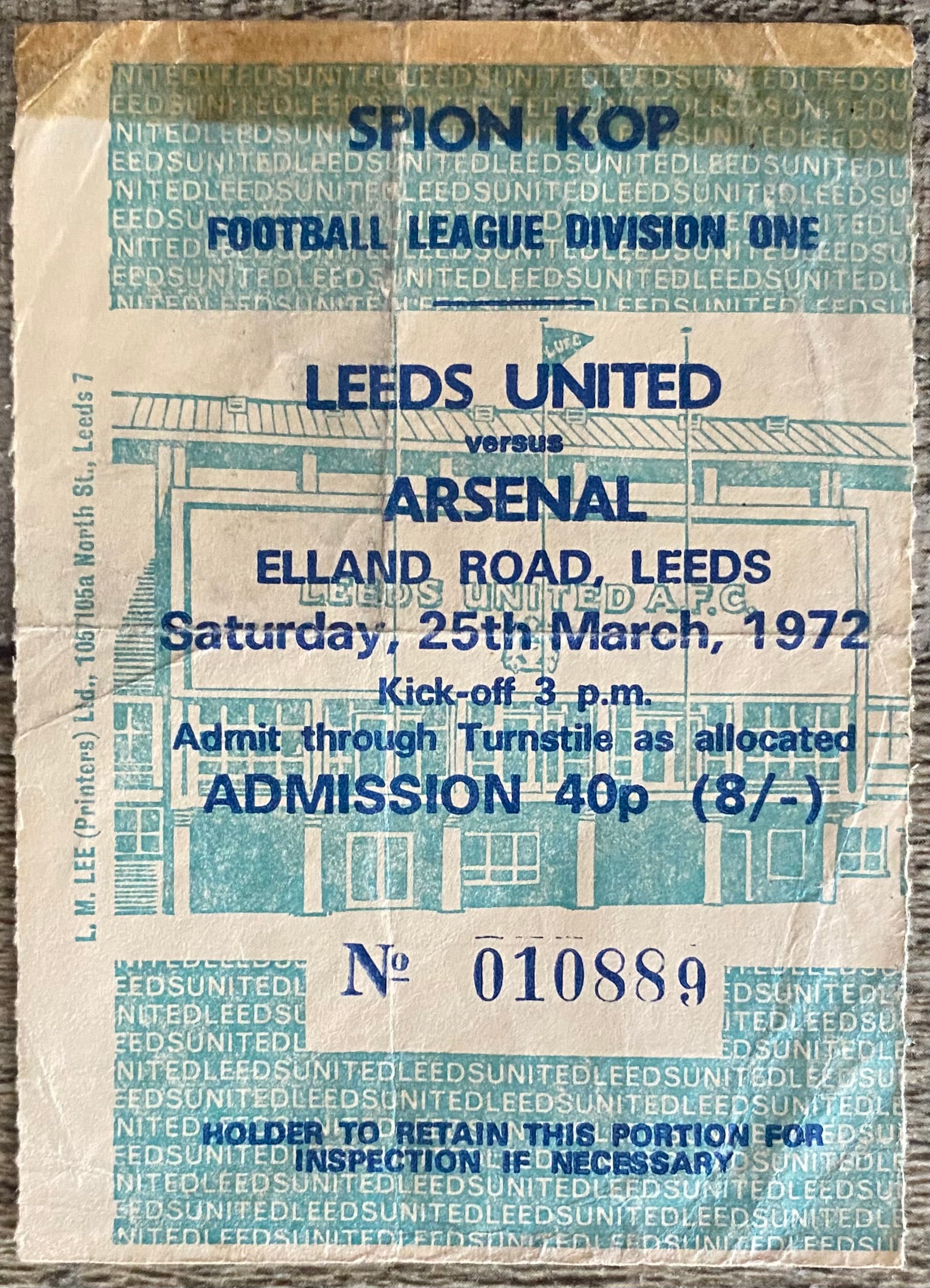 1971/72 ORIGINAL DIVISION ONE TICKET LEEDS UNITED V ARSENAL