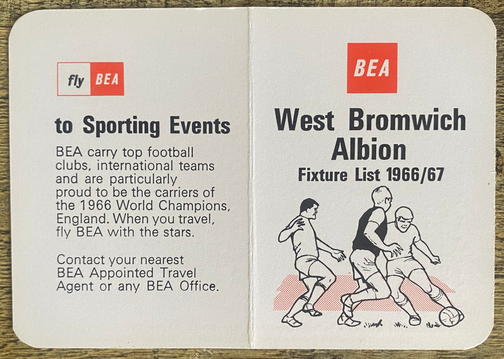 1966/67 ORIGINAL BRITISH EUROPEAN AIRWAYS FIXTURE LIST FOR WEST BROMWICH ALBION