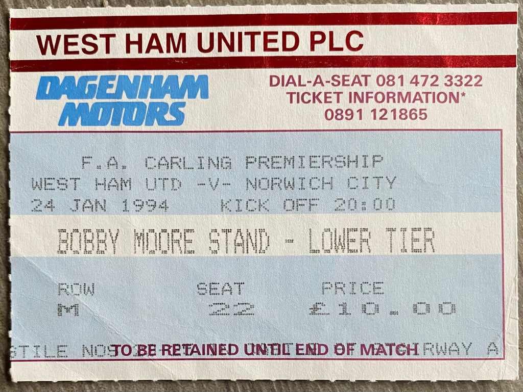 1993/94 ORIGINAL FA PREMIERSHIP TICKET WEST HAM UNITED V NORWICH CITY