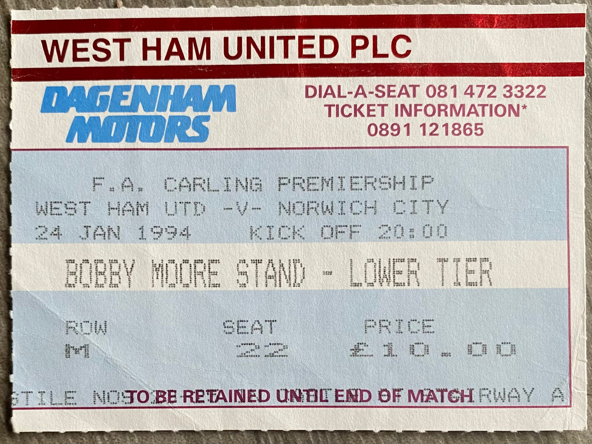 1993/94 ORIGINAL FA PREMIERSHIP TICKET WEST HAM UNITED V NORWICH CITY
