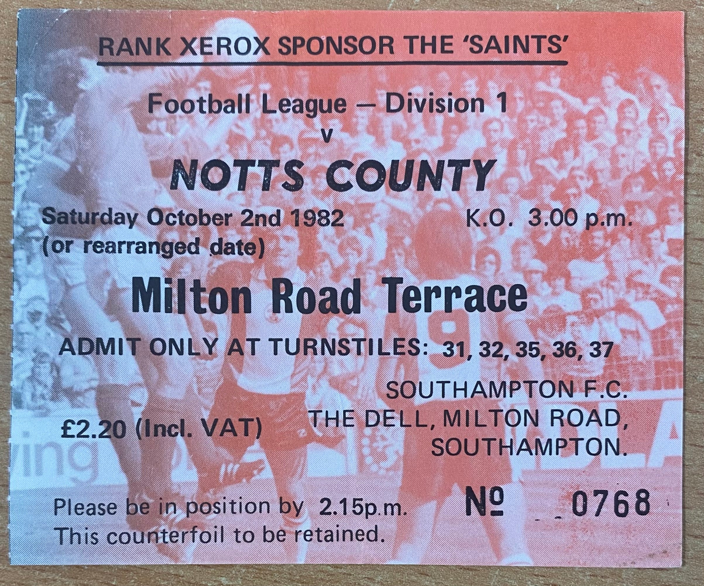 1982/83 ORIGINAL DIVISION ONE TICKET SOUTHAMPTON V NOTTS COUNTY