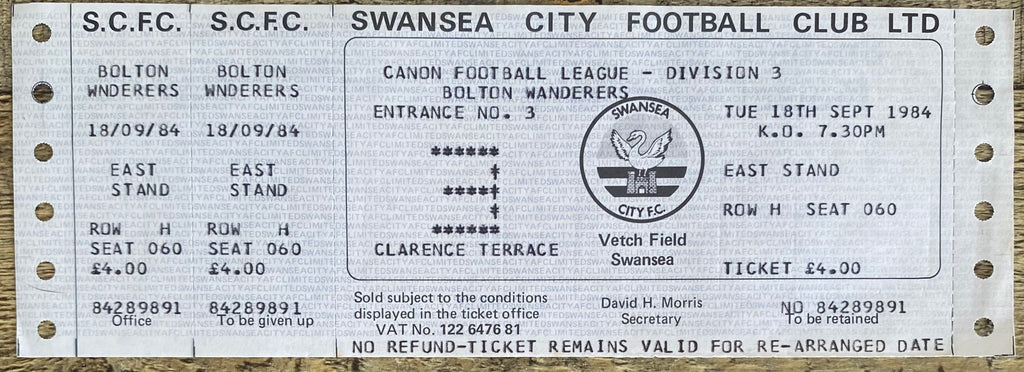 1984/85 ORIGINAL DIVISION 3 UNUSED TICKET SWANSEA CITY V BOLTON WANDERERS