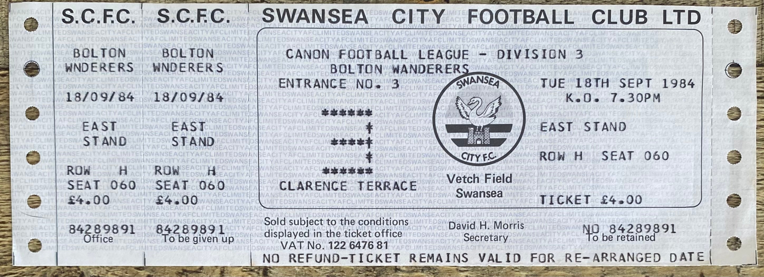 1984/85 ORIGINAL DIVISION 3 UNUSED TICKET SWANSEA CITY V BOLTON WANDERERS