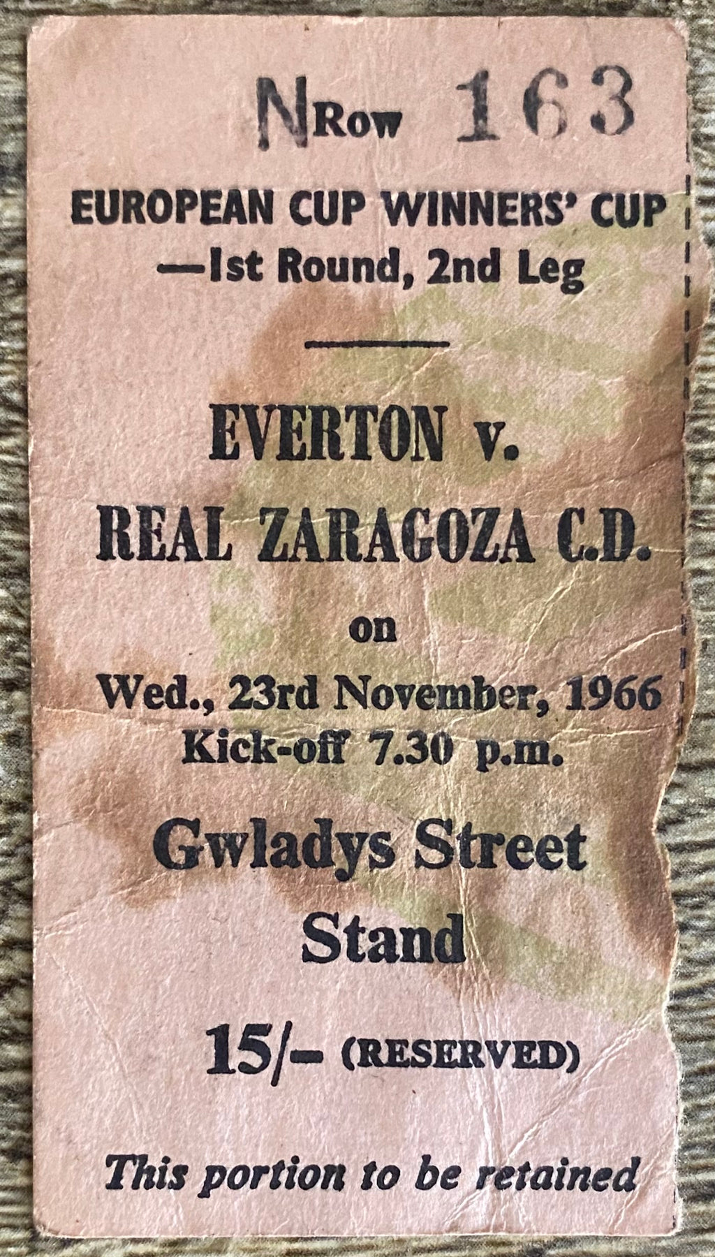 1966/67 ORIGINAL EUROPEAN CUP WINNERS CUP 1ST ROUND 2ND LEG TICKET EVERTON V REAL ZARAGOZA