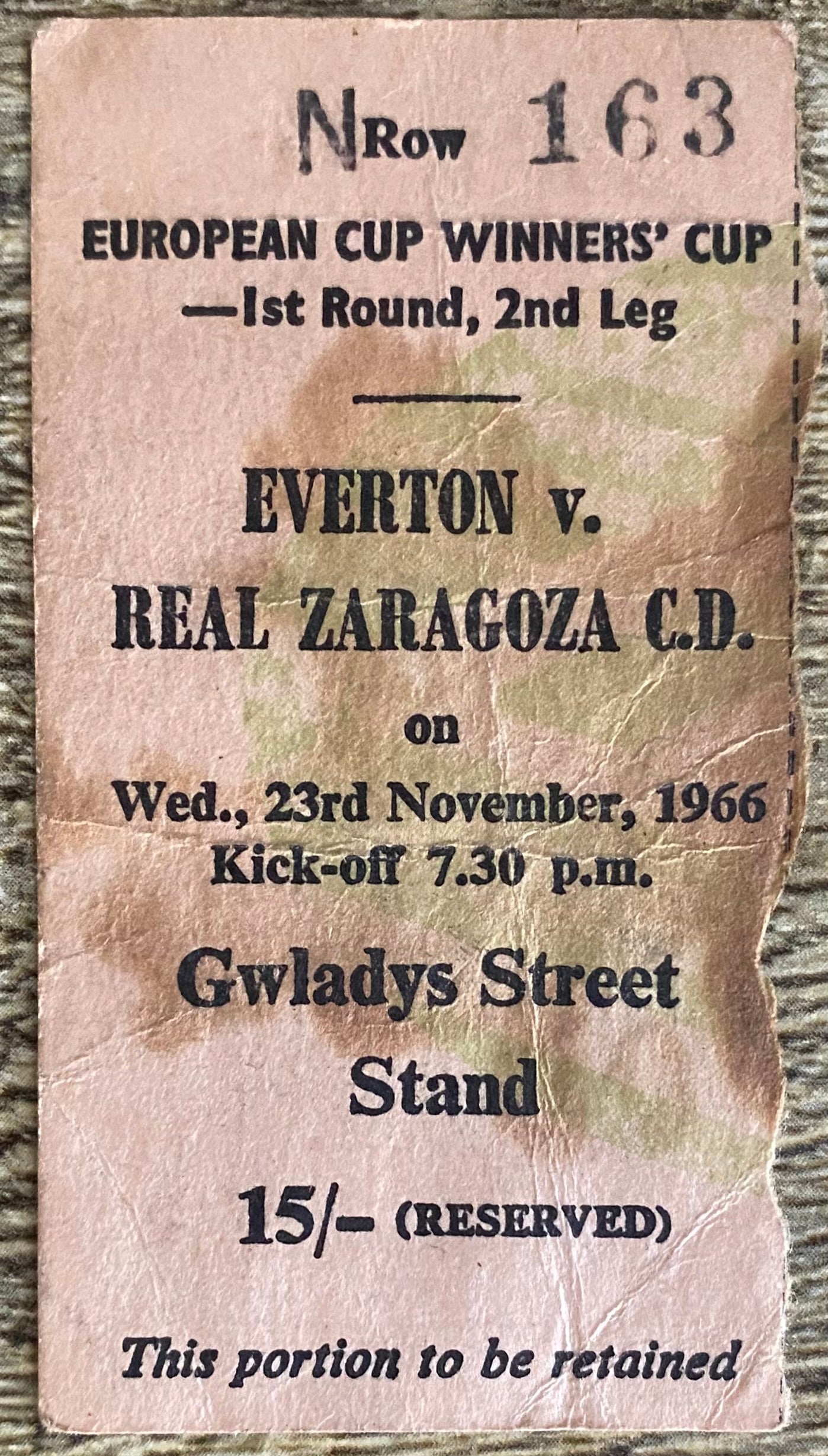 1966/67 ORIGINAL EUROPEAN CUP WINNERS CUP 1ST ROUND 2ND LEG TICKET EVERTON V REAL ZARAGOZA