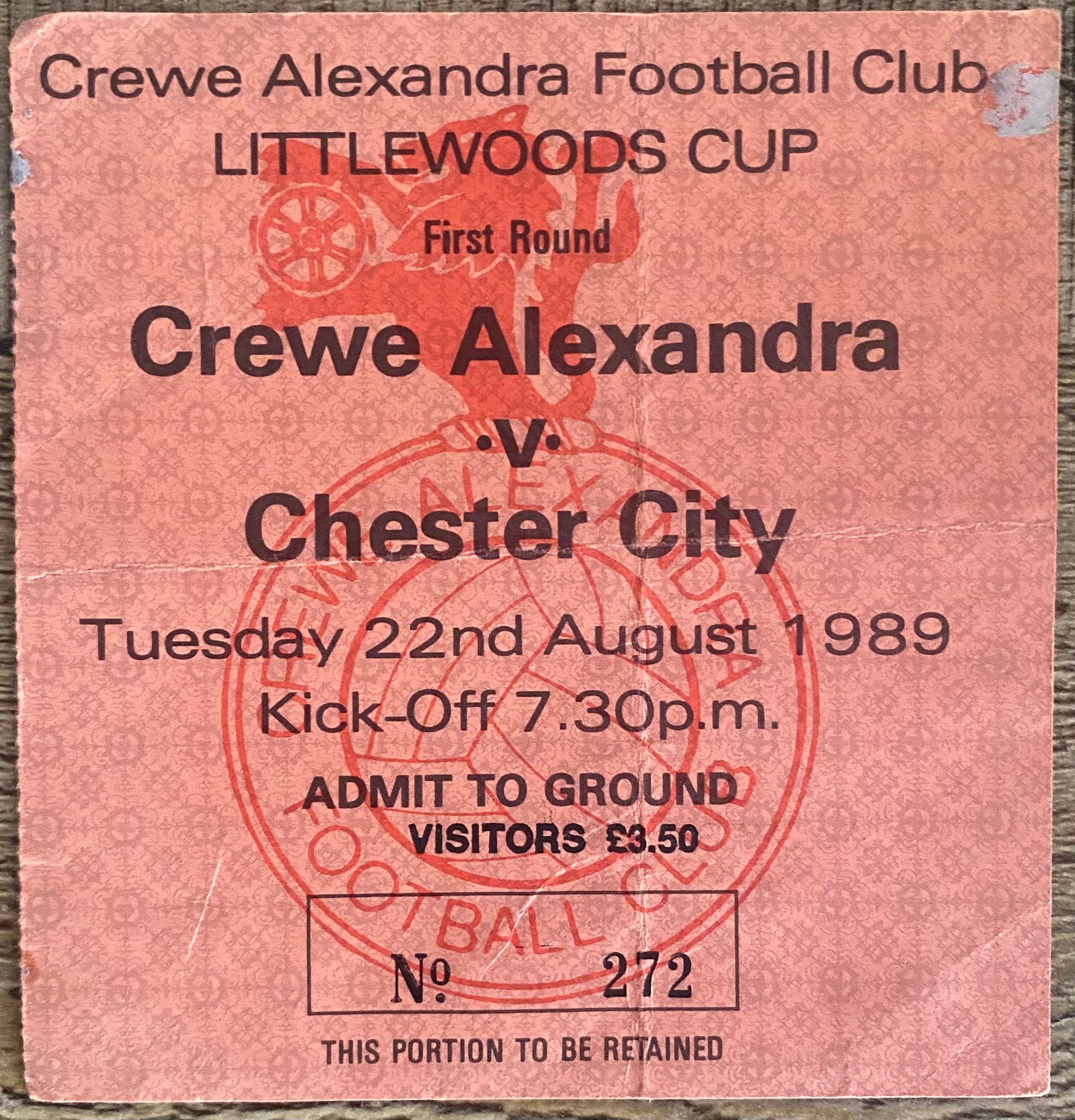1989/90 ORIGINAL LITTLEWOODS CUP 1ST ROUND 1ST LEG TICKET CREWE ALEXANDRA V CHESTER CITY