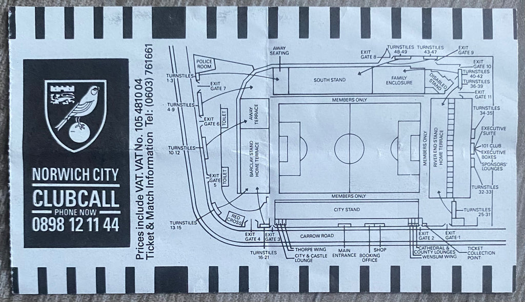 1991/92 ORIGINAL DIVISION ONE TICKET NORWICH CITY V TOTTENHAM HOTSPUR
