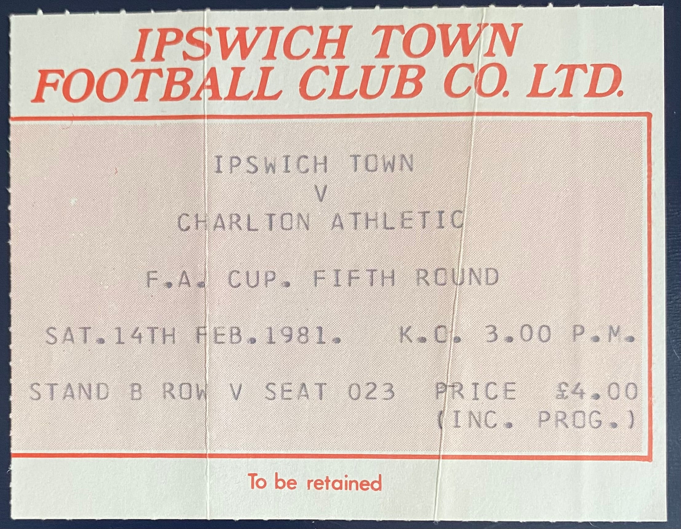 1980/81 ORIGINAL FA CUP 5TH ROUND TICKET IPSWICH TOWN V CHARLTON ATHLETIC