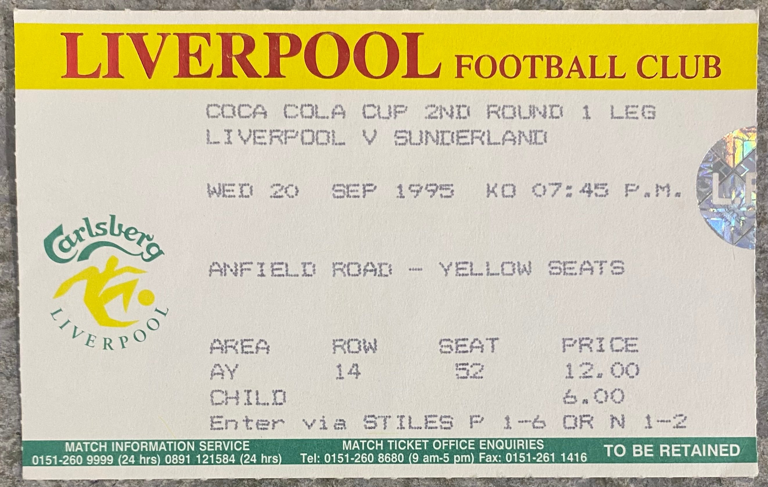 1994/95 ORIGINAL COCA COLA CUP 2ND ROUND 1ST LEG TICKET LIVERPOOL V  SUNDERLAND