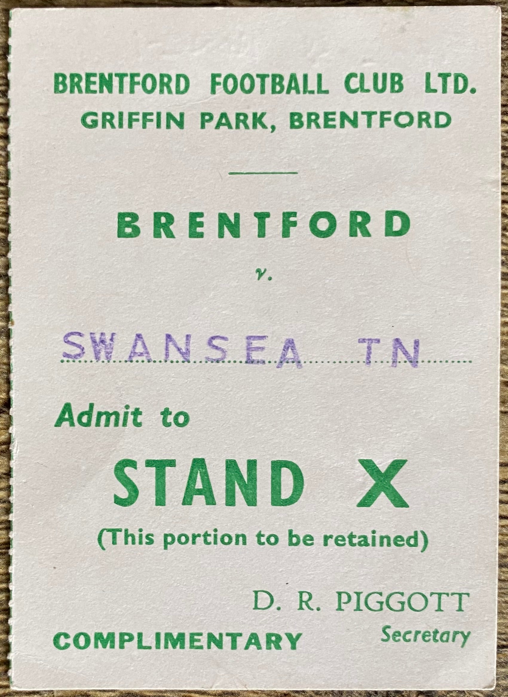 1968/69 ORIGINAL DIVISION 4 TICKET BRENTFORD V SWANSEA TOWN