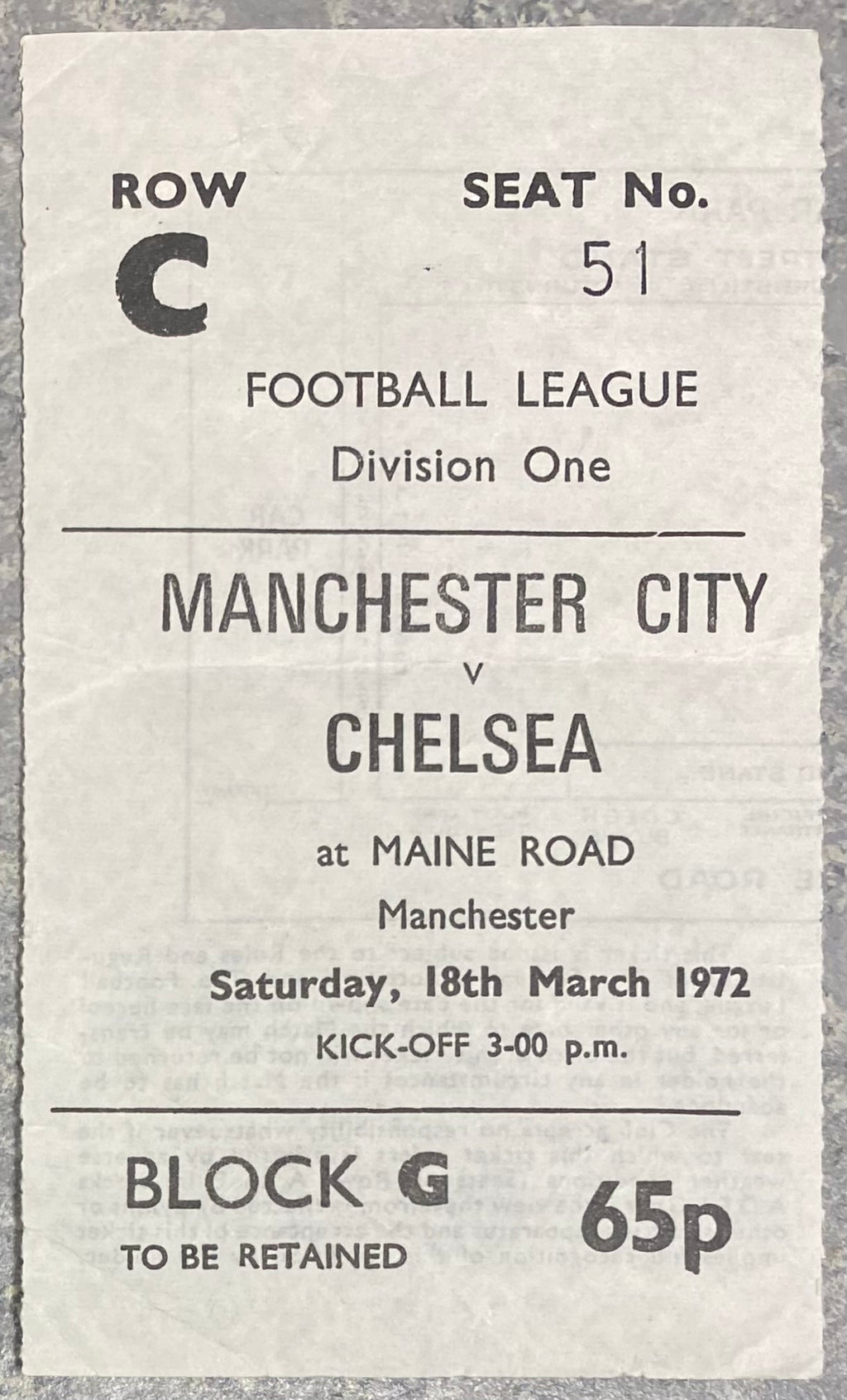 1971/72 ORIGINAL DIVISION TWO TICKET MANCHESTER CITY V CHELSEA
