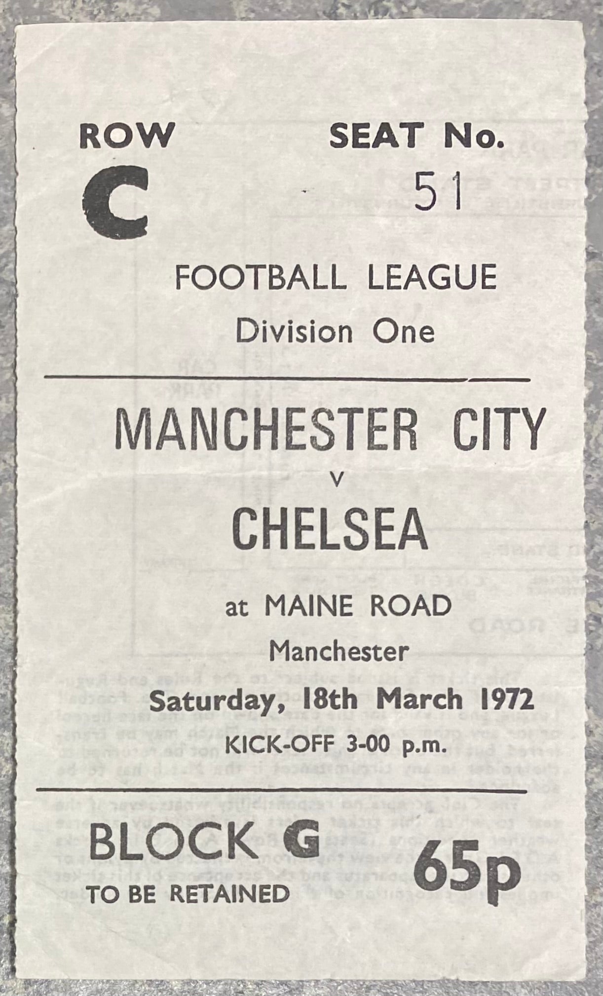 1971/72 ORIGINAL DIVISION TWO TICKET MANCHESTER CITY V CHELSEA