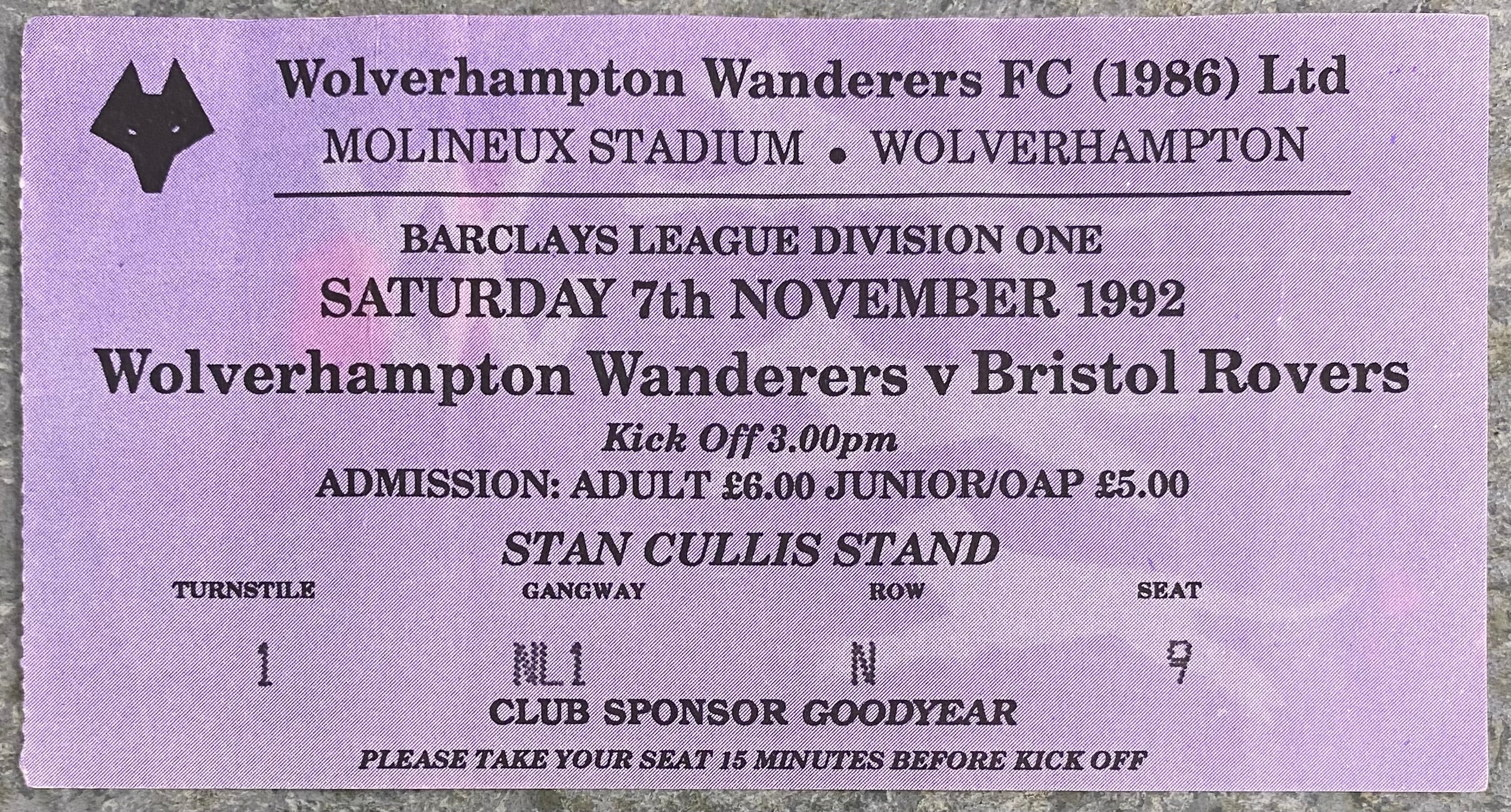 1992/93 ORIGINAL DIVISION 1 TICKET WOLVERHAMPTON WANDERERS V BRISTOL ROVERS