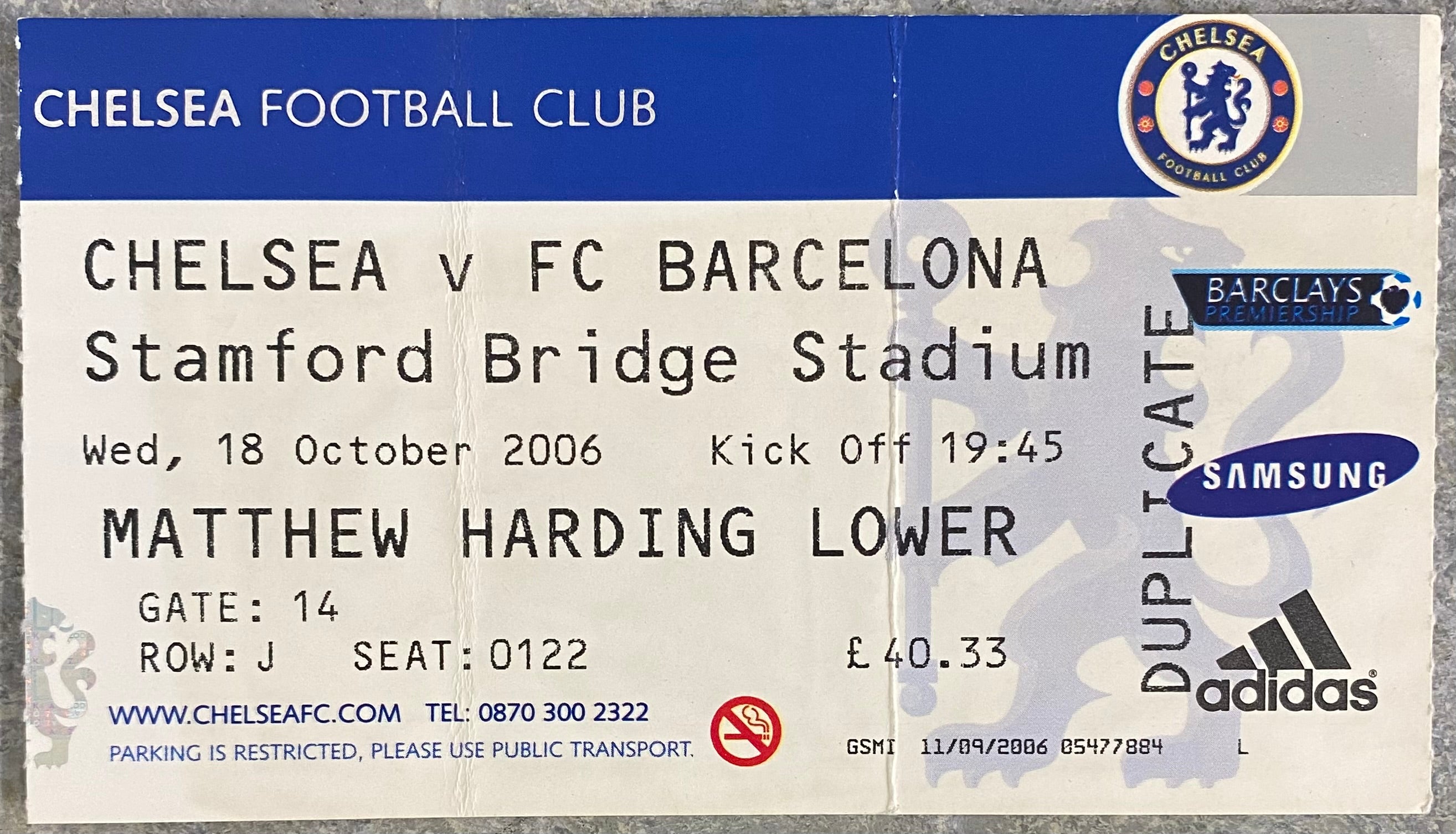 2006/07 ORIGINAL CHAMPIONS LEAGUE GROUP A TICKET CHELSEA V BARCELONA